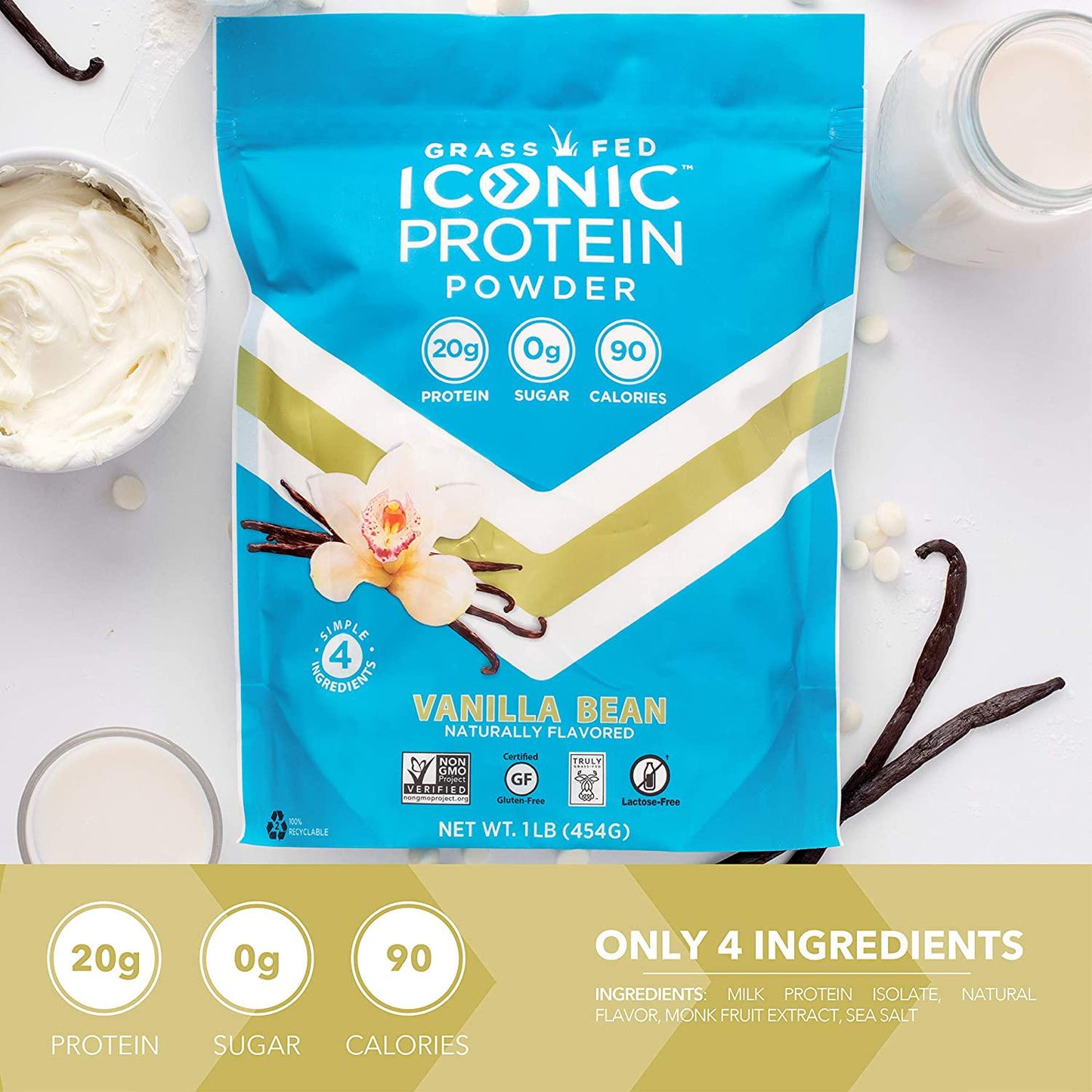 Iconic Protein Powder, Vanilla Bean - Sugar Free, Low Carb Protein Powder - Lactose Free, Gluten Free, Non-GMO, Kosher - 20g Grass Fed Whey and Casein Protein - Keto Friendly, 1 lb. Pouch (18 Servings)