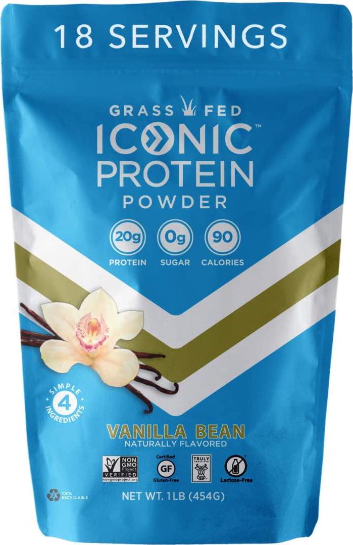 Iconic Protein Powder, Vanilla Bean - Sugar Free, Low Carb Protein Powder - Lactose Free, Gluten Free, Non-GMO, Kosher - 20g Grass Fed Whey and Casein Protein - Keto Friendly, 1 lb. Pouch (18 Servings)