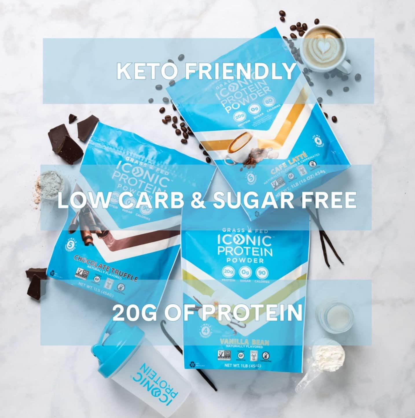 Iconic Protein Powder, Vanilla Bean - Sugar Free, Low Carb Protein Powder - Lactose Free, Gluten Free, Non-GMO, Kosher - 20g Grass Fed Whey and Casein Protein - Keto Friendly, 1 lb. Pouch (18 Servings)