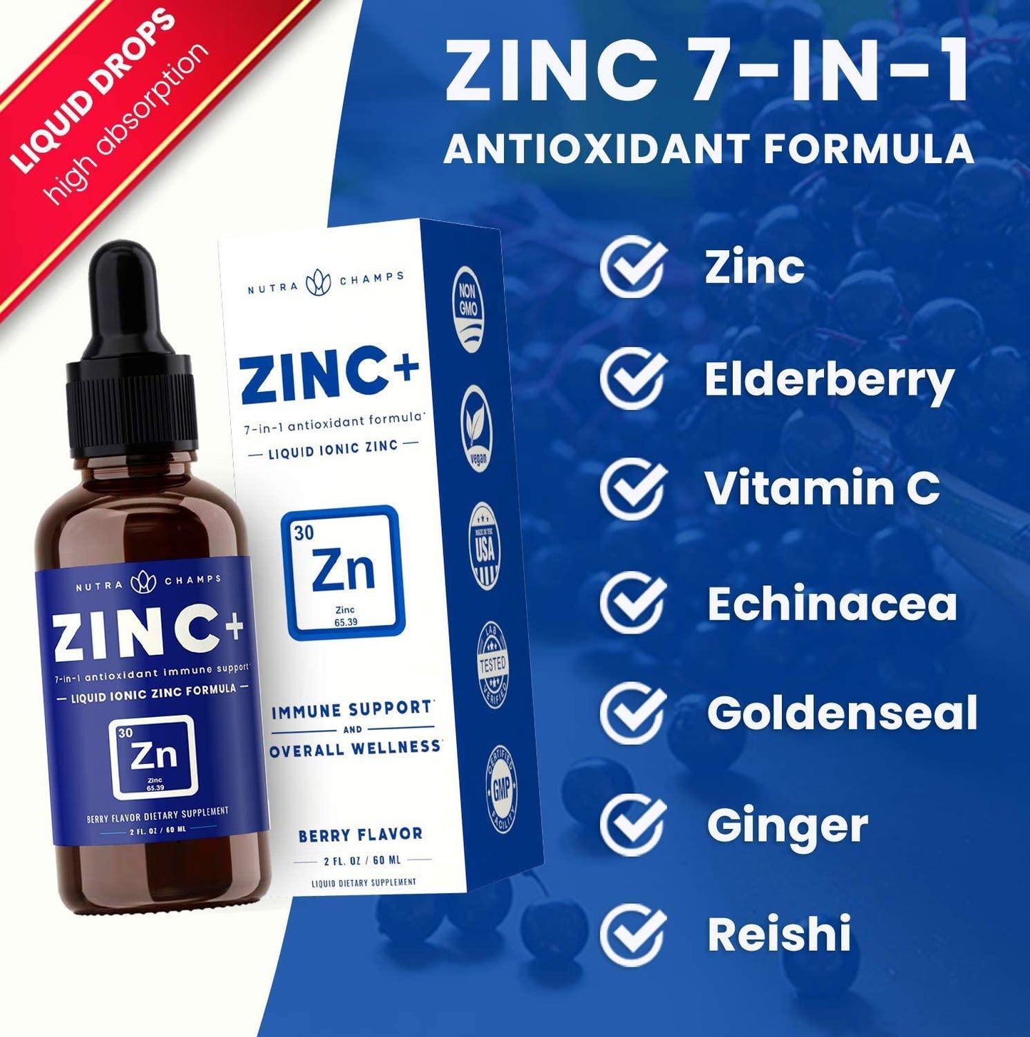 Immune Boost Organic Drops Liquid Health Supplement - Powerful Immune System Support with Vitamin C, Zinc, Elderberry, Echinacea, Ginger and Reishi Mushroom - Vitamin and Herb Defense Booster - 2oz Berry