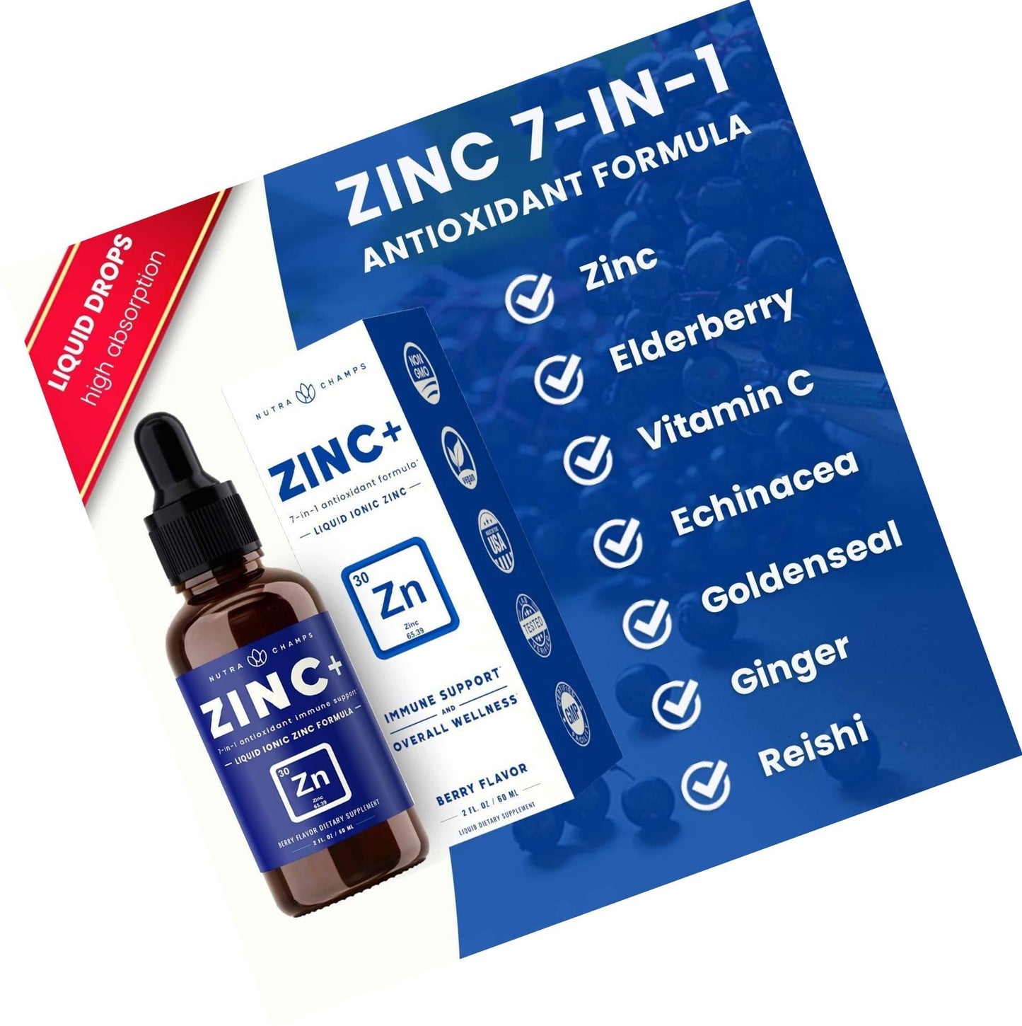 Immune Boost Organic Drops Liquid Health Supplement - Powerful Immune System Support with Vitamin C, Zinc, Elderberry, Echinacea, Ginger and Reishi Mushroom - Vitamin and Herb Defense Booster - 2oz Berry