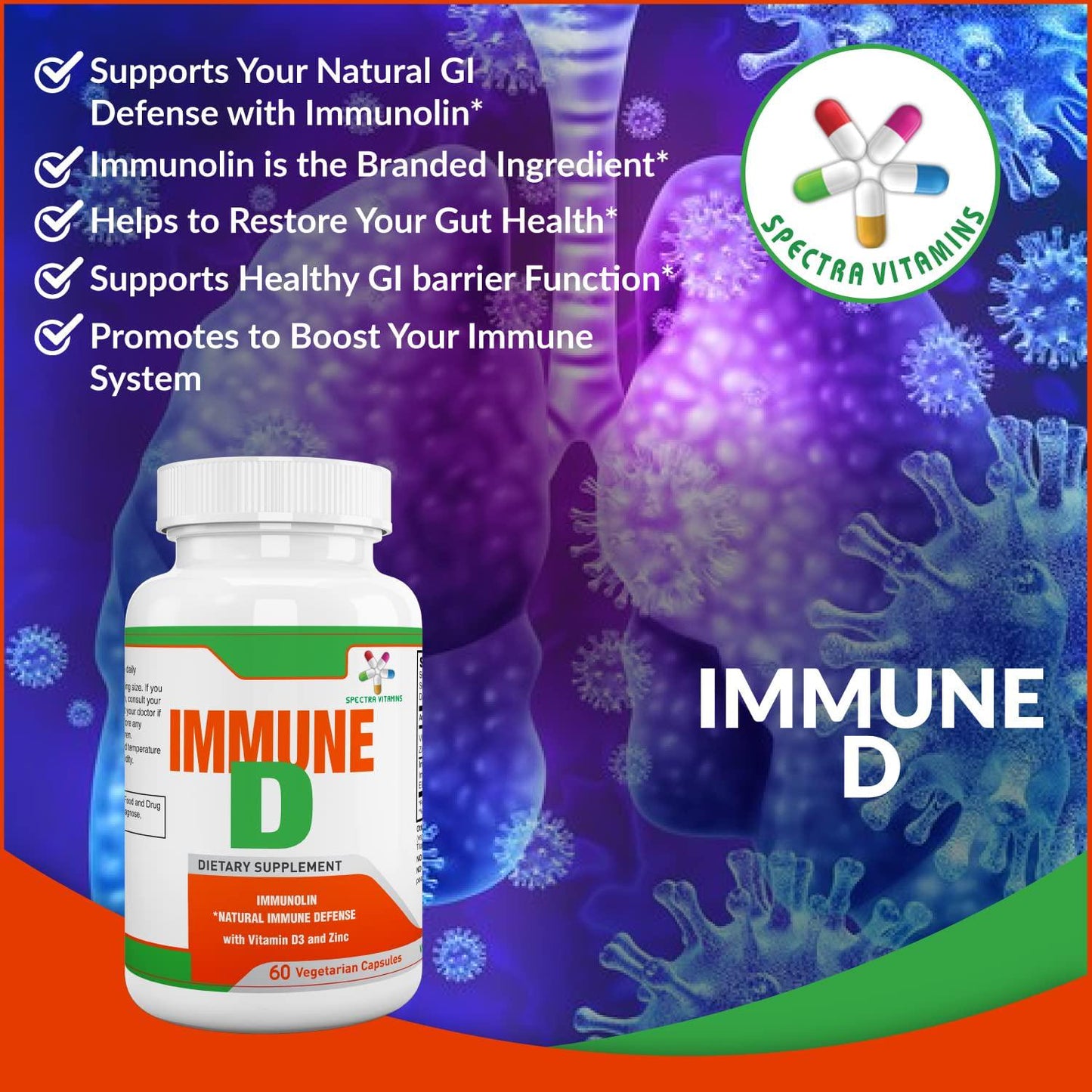 Immune D - Natural Immune Defense, Immunolin, Vitamins D3, Zinc, 60 Capsules