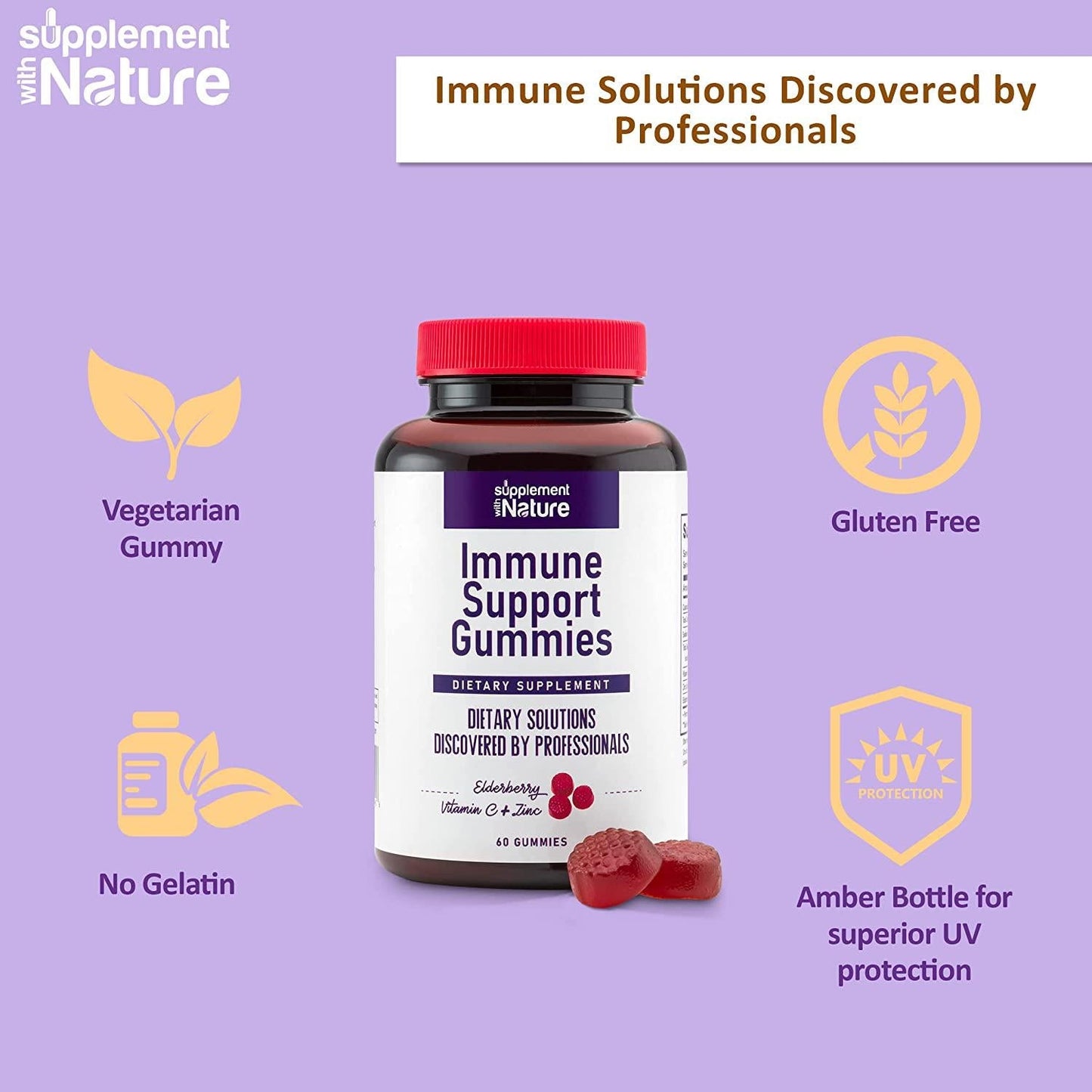 Immune Support Gummies - Sambucus Elderberry Gummies with Vitamin C and Zinc - Immunity Booster Elderberry Gummies for Adults - Yummy and Chewable Vitamin C Gummies - 60 Count