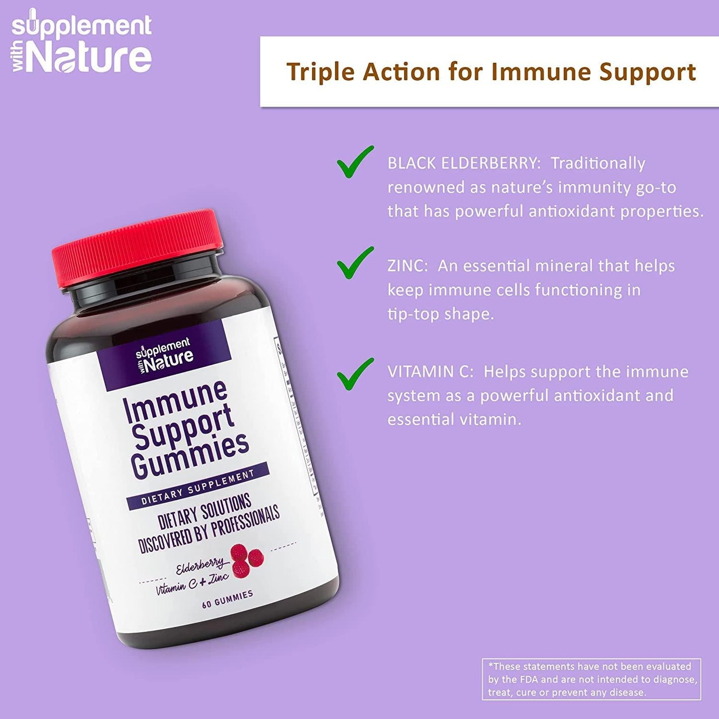 Immune Support Gummies - Sambucus Elderberry Gummies with Vitamin C and Zinc - Immunity Booster Elderberry Gummies for Adults - Yummy and Chewable Vitamin C Gummies - 60 Count