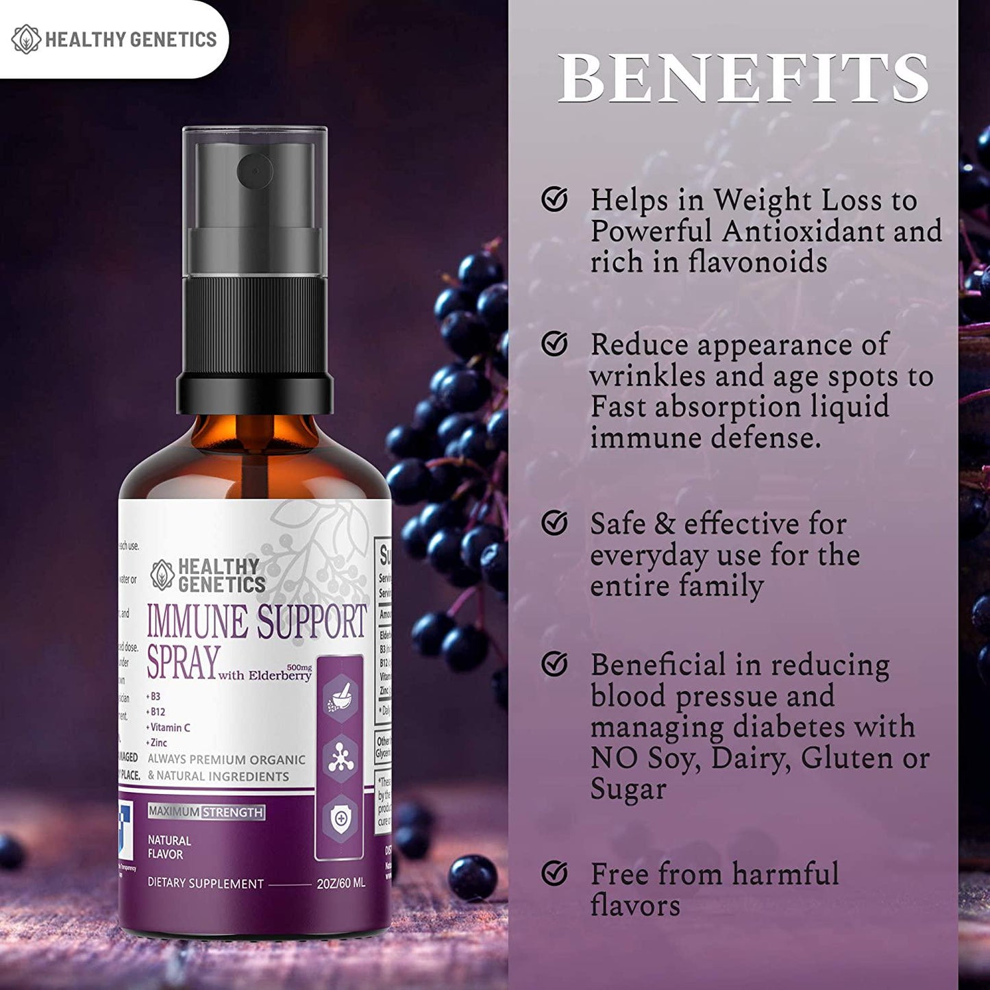 Immune Support Spray; 500mg Liquid Elderberry Immunity Boost Defense for Kids and Adults B3, B12, Vitamin C, Zinc Fast Absorbing Liquid Spray Supplement Supports Healthy Immune System