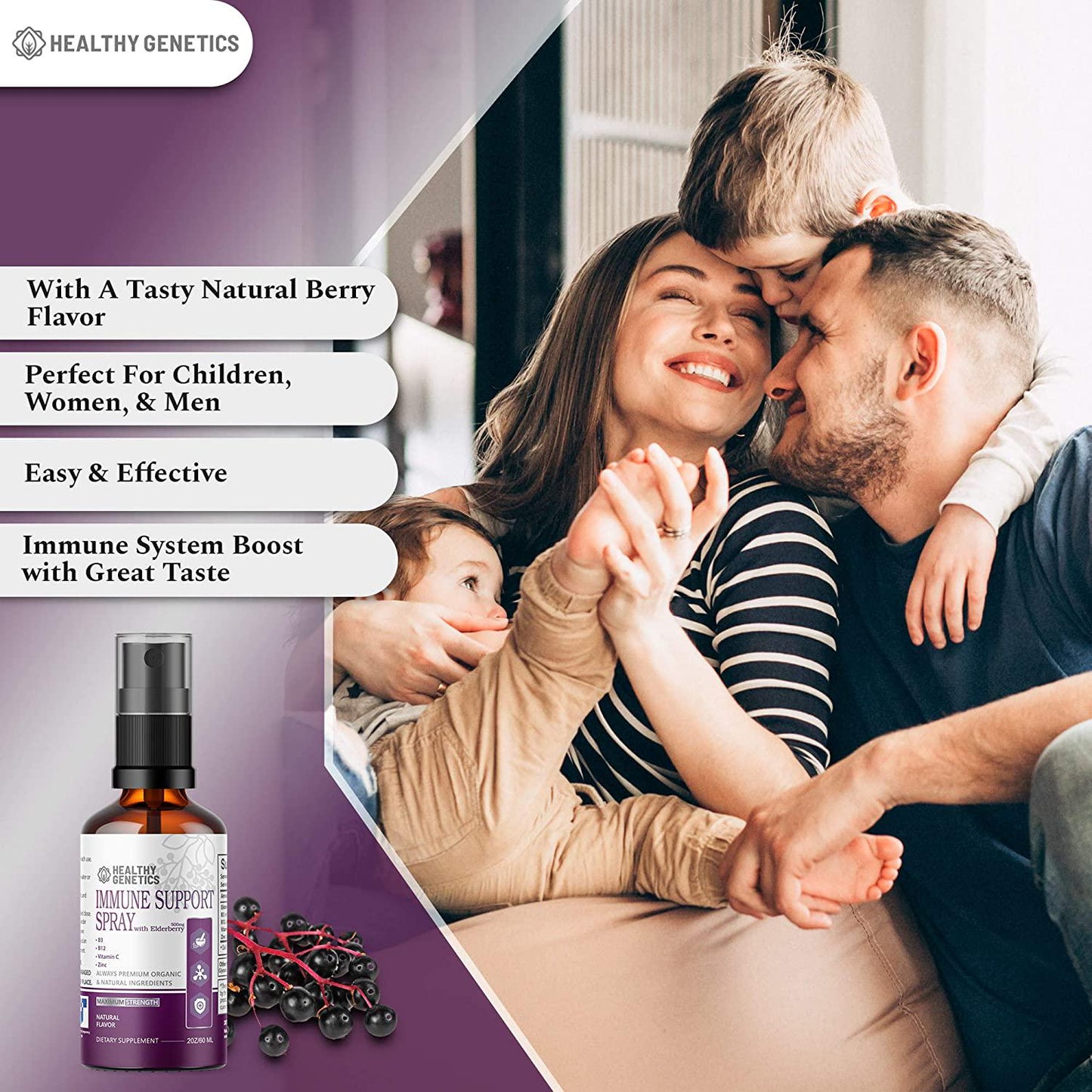 Immune Support Spray; 500mg Liquid Elderberry Immunity Boost Defense for Kids and Adults B3, B12, Vitamin C, Zinc Fast Absorbing Liquid Spray Supplement Supports Healthy Immune System