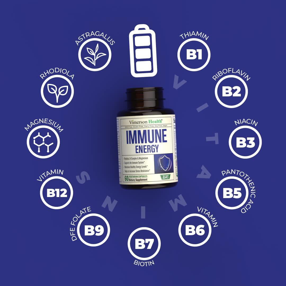 Immune Support Supplement for Energy and Stress Relief with Vitamin B Complex, Magnesium, Rhodiola and Astragalus - Immune Defence with Biotin, B12, B6, Folate, Riboflavin, Thiamin, Niacin. 60 Capsules