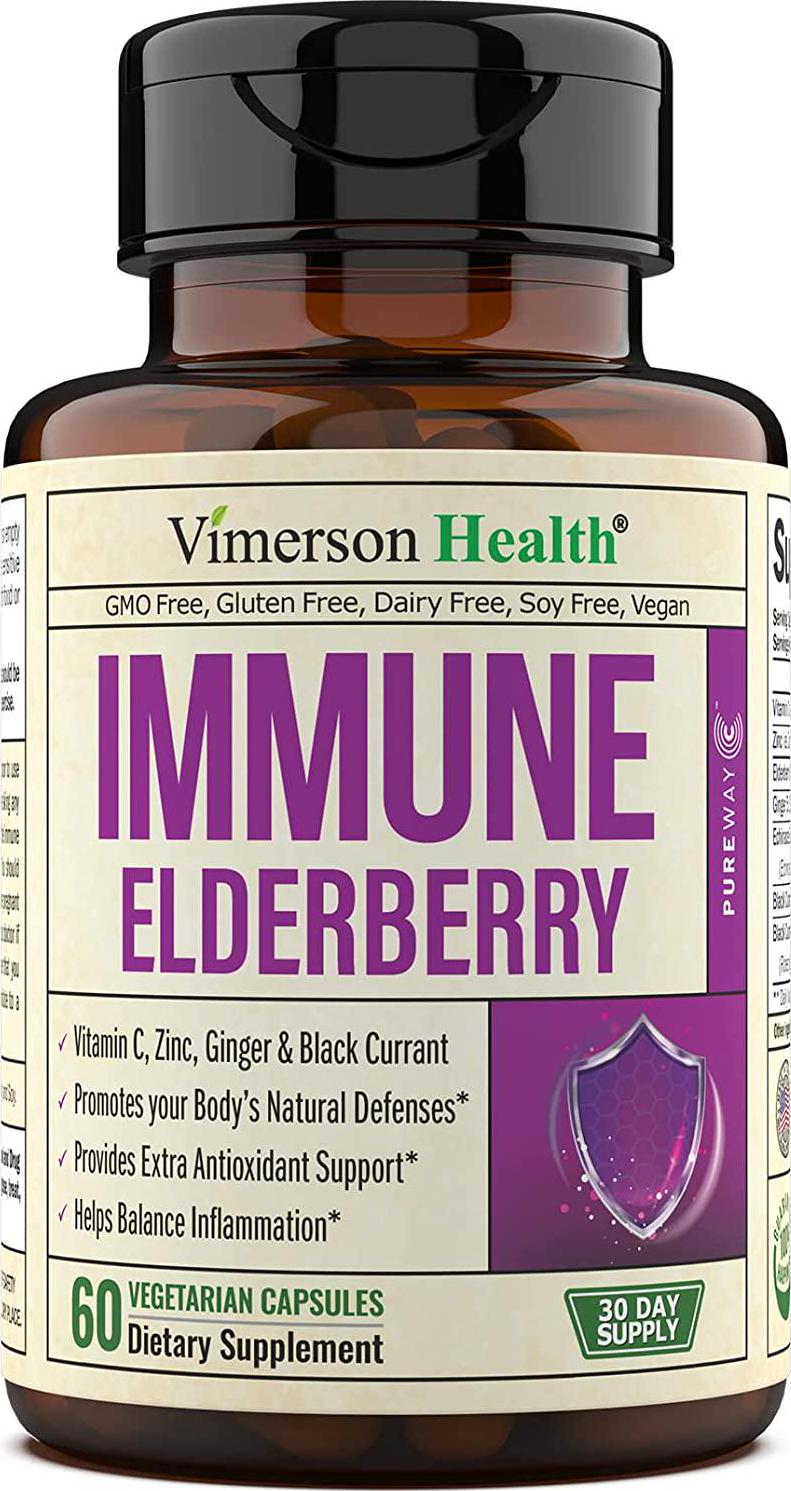 Immune Support Supplement with Sambucus Elderberry, Zinc, Vitamin C (Pureway-C), Ginger, Echinacea and Black Currant Extract - Natural 7 in 1 Immunity Booster and Defense for Adults. Antioxidant Formula