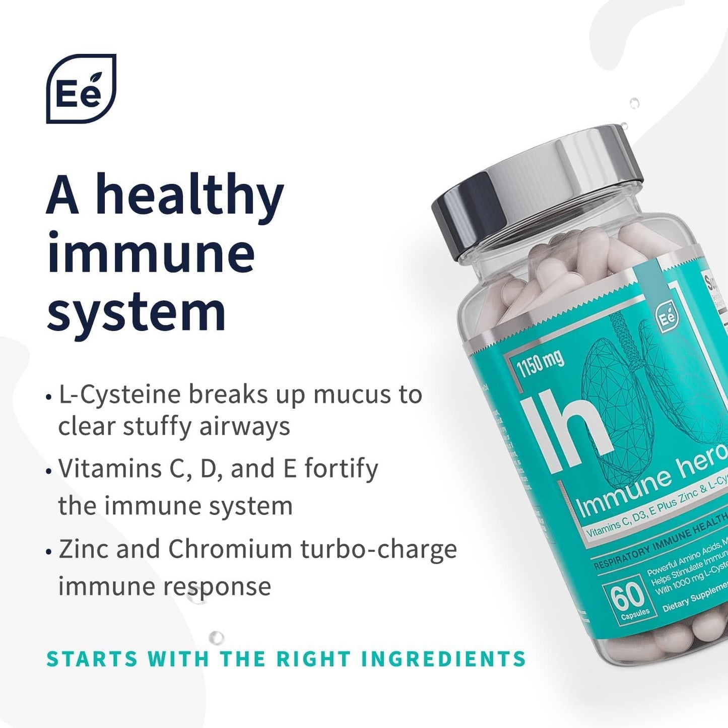 Immune Support Supplement - with Vitamin C, Zinc, L-Cysteine, Chromium and More | Multi-System Immunity Booster | Immune Hero by Essential Elements - 60 Veggie Capsules