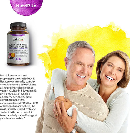 Immune Support Vitamin C B and E Sambucol Black Elderberry Zinc Echinacea Garlic Turmeric Curcumin L-Glutamine Plus Probiotics, Gluten-Free Emergency Complex Booster System Supplement Adults Men and Women