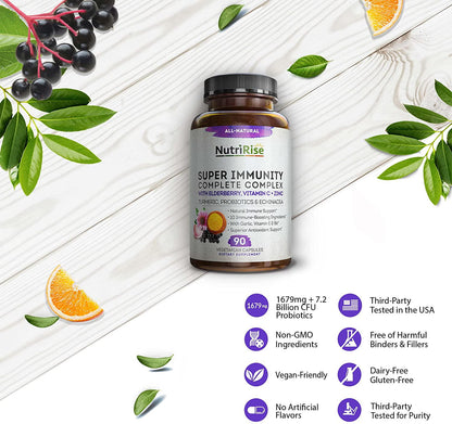 Immune Support Vitamin C B and E Sambucol Black Elderberry Zinc Echinacea Garlic Turmeric Curcumin L-Glutamine Plus Probiotics, Gluten-Free Emergency Complex Booster System Supplement Adults Men and Women