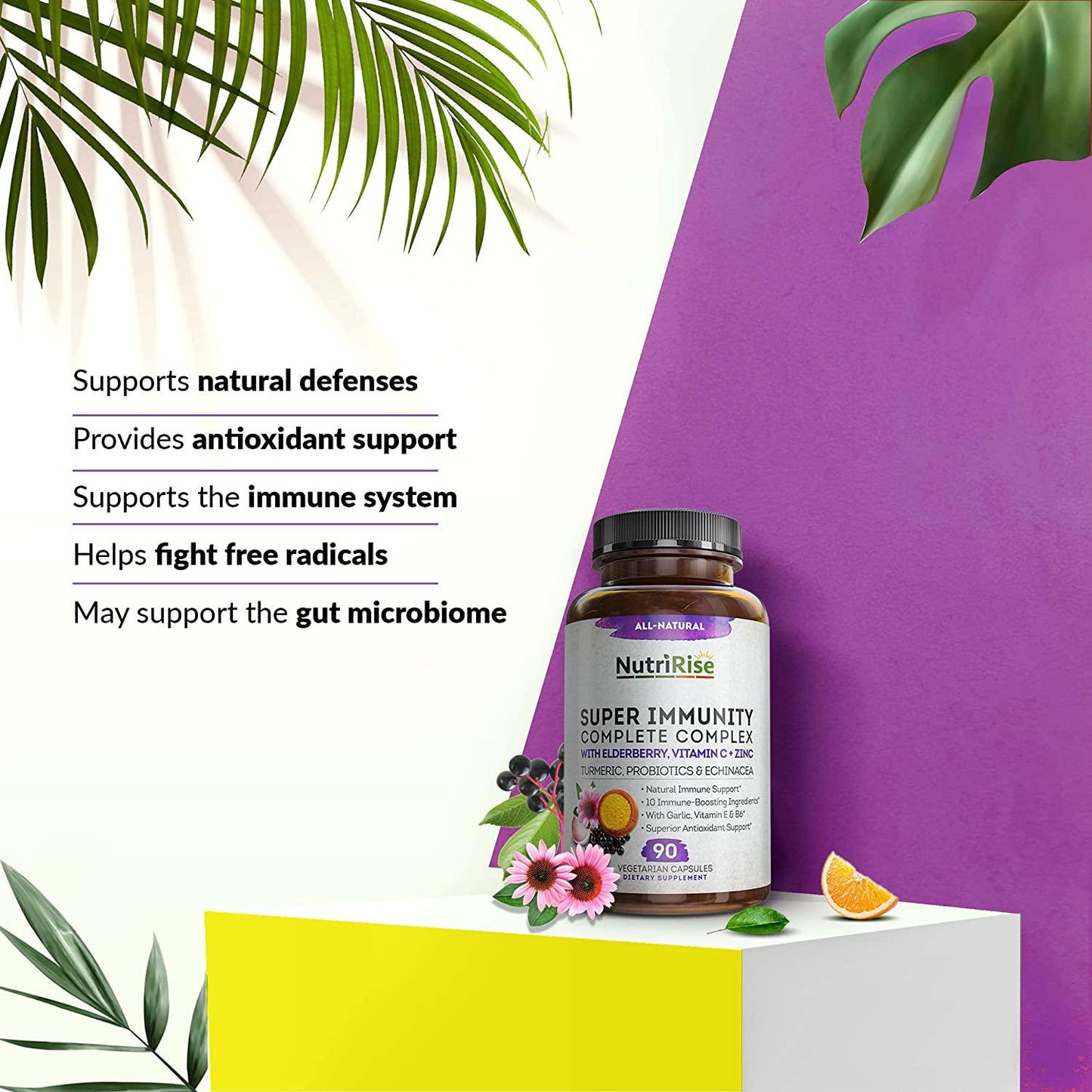 Immune Support Vitamin C B and E Sambucol Black Elderberry Zinc Echinacea Garlic Turmeric Curcumin L-Glutamine Plus Probiotics, Gluten-Free Emergency Complex Booster System Supplement Adults Men and Women