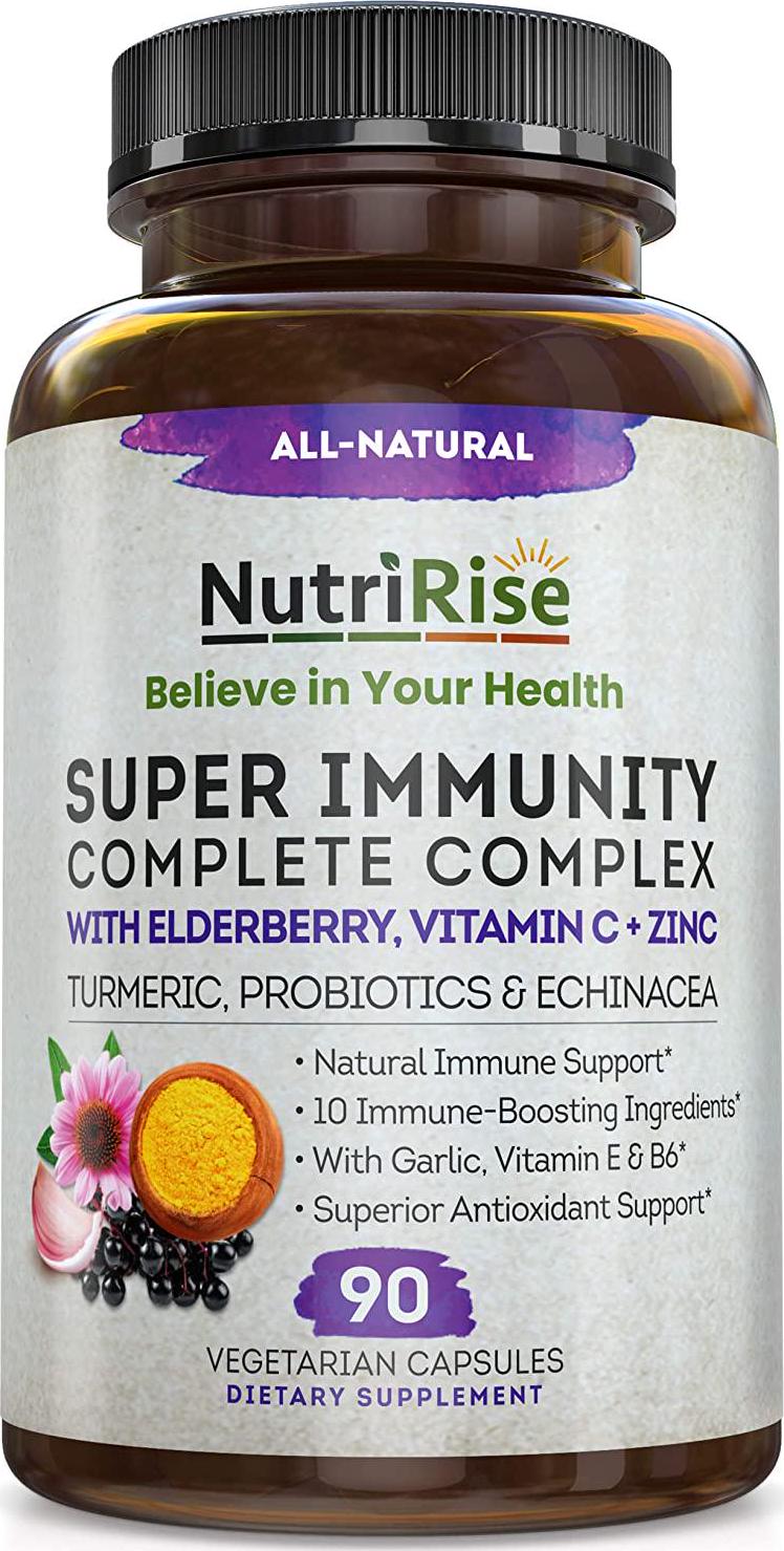 Immune Support Vitamin C B and E Sambucol Black Elderberry Zinc Echinacea Garlic Turmeric Curcumin L-Glutamine Plus Probiotics, Gluten-Free Emergency Complex Booster System Supplement Adults Men and Women