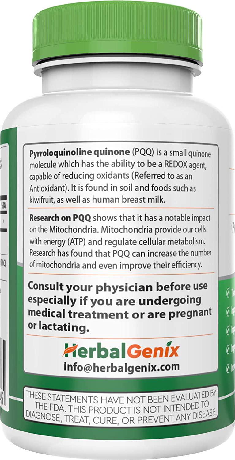 Improve Memory, Energy, Sleep, Fatigue and Immune Health with HerbalGenix PQQ (Pyrroloquinoline Quinone) Mitochondria Supplement. All Natural, Non-GMO/Gluten Free/Vegan Caps.