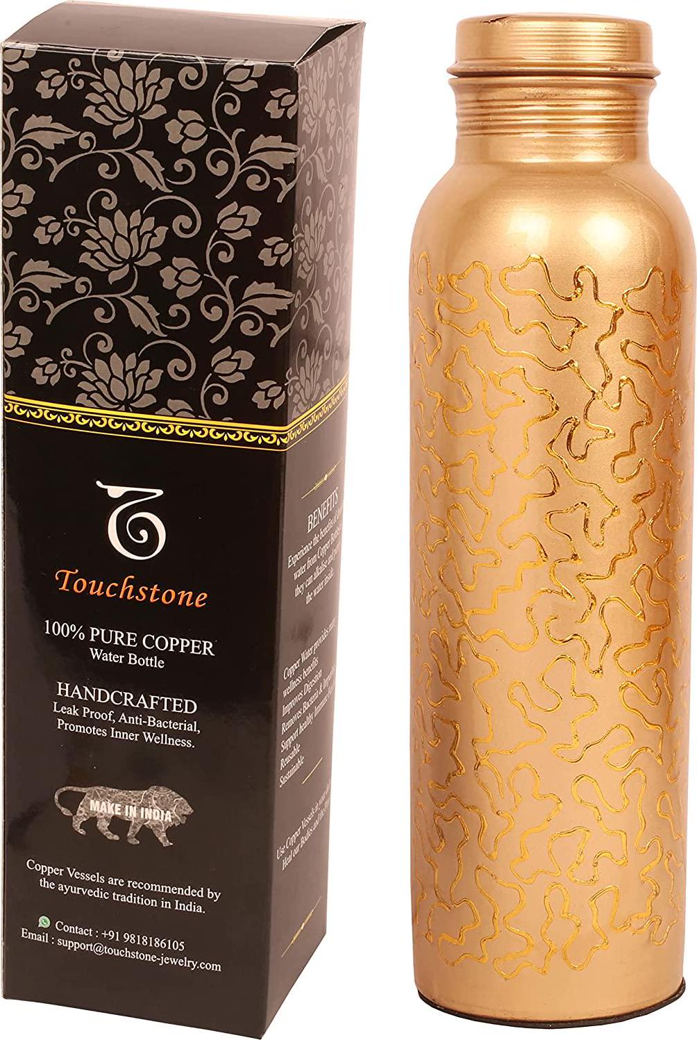 Indtresor Pure Copper Water Bottle - Handcrafted - Ayurveda health benefits - Large 35 oz - Leak proof - Easy to carry for Sports, Fitness, Yoga, School - Natural Copper Finish Golden Glade Pattern