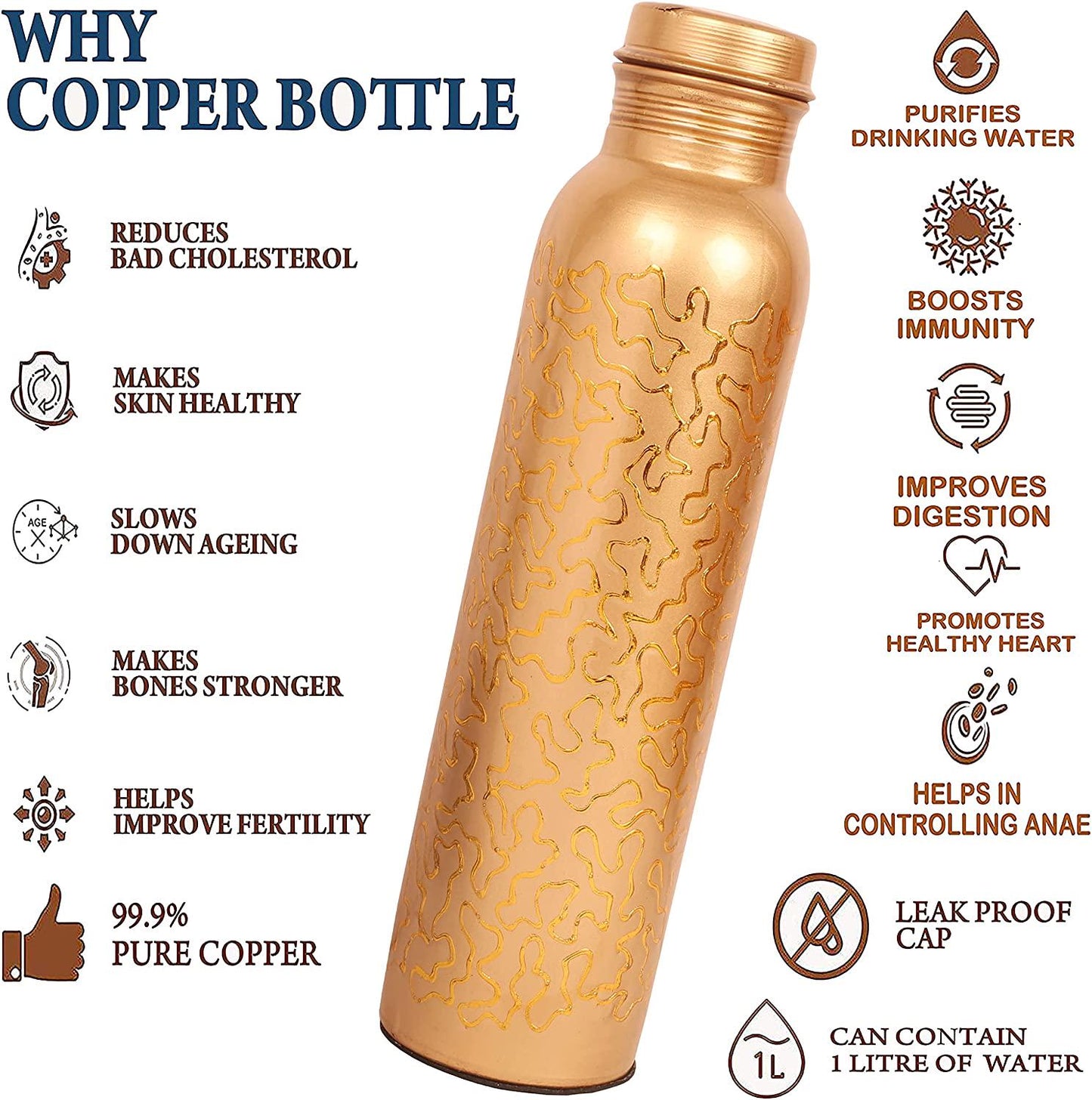 Indtresor Pure Copper Water Bottle - Handcrafted - Ayurveda health benefits - Large 35 oz - Leak proof - Easy to carry for Sports, Fitness, Yoga, School - Natural Copper Finish Golden Glade Pattern