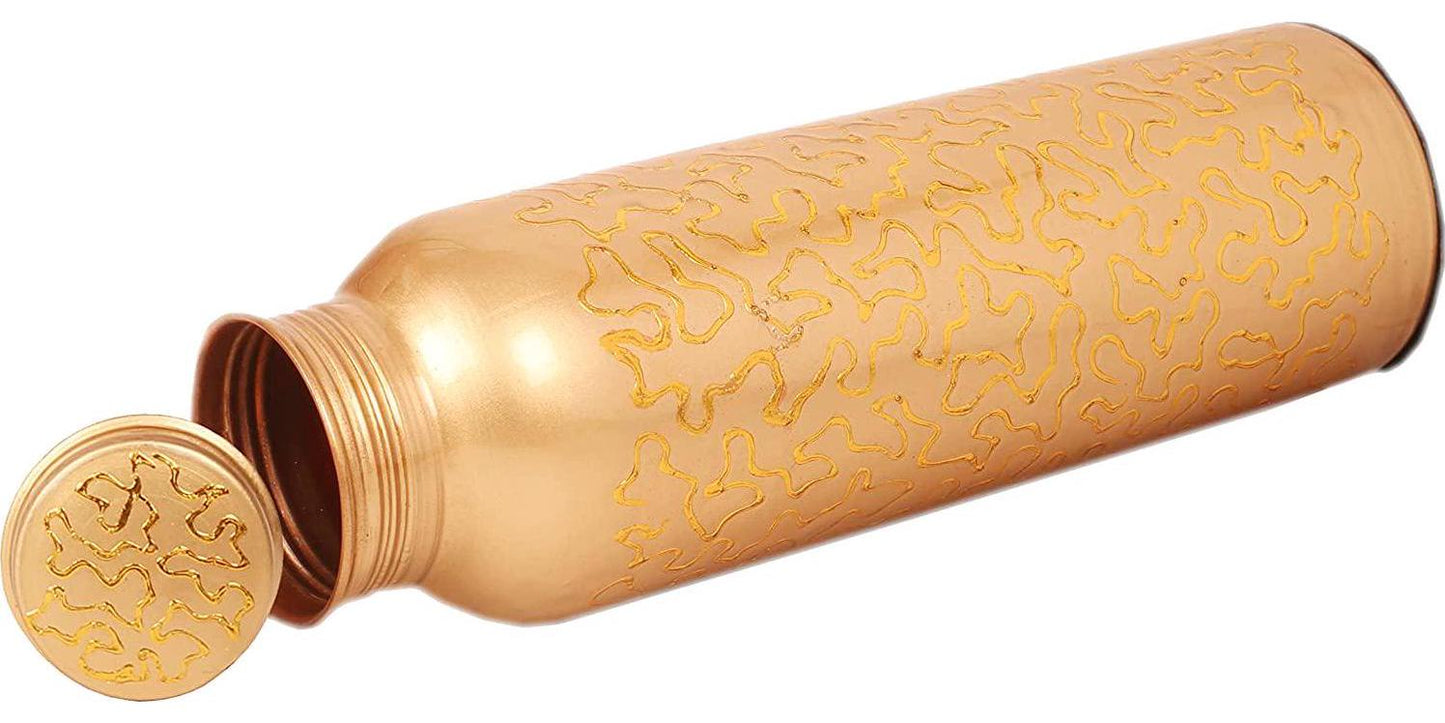 Indtresor Pure Copper Water Bottle - Handcrafted - Ayurveda health benefits - Large 35 oz - Leak proof - Easy to carry for Sports, Fitness, Yoga, School - Natural Copper Finish Golden Glade Pattern