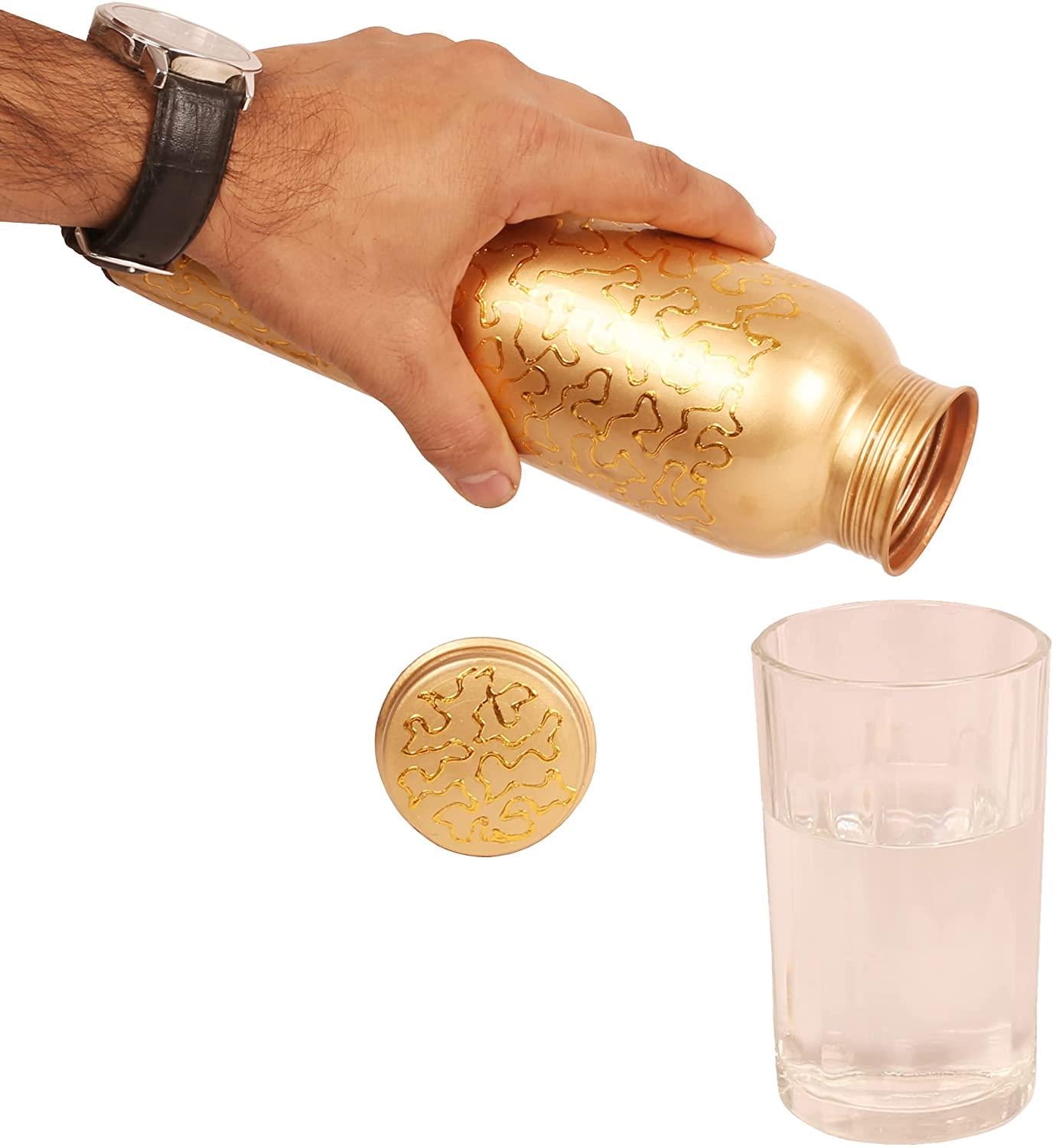 Indtresor Pure Copper Water Bottle - Handcrafted - Ayurveda health benefits - Large 35 oz - Leak proof - Easy to carry for Sports, Fitness, Yoga, School - Natural Copper Finish Golden Glade Pattern