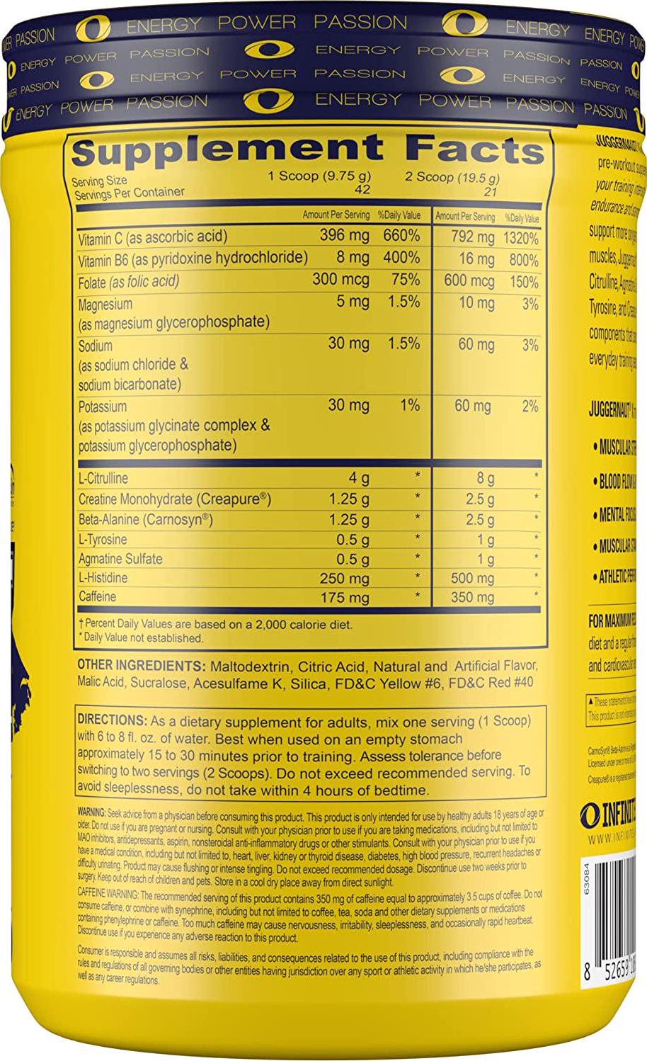 Infinite Labs Juggernaut X Ultimate Punch Pre Workout Supplement with Citrulline, Creatine, Beta Alanine, 14.4 oz, 42 Servings, Pre Work Out Supplements for Women and Men