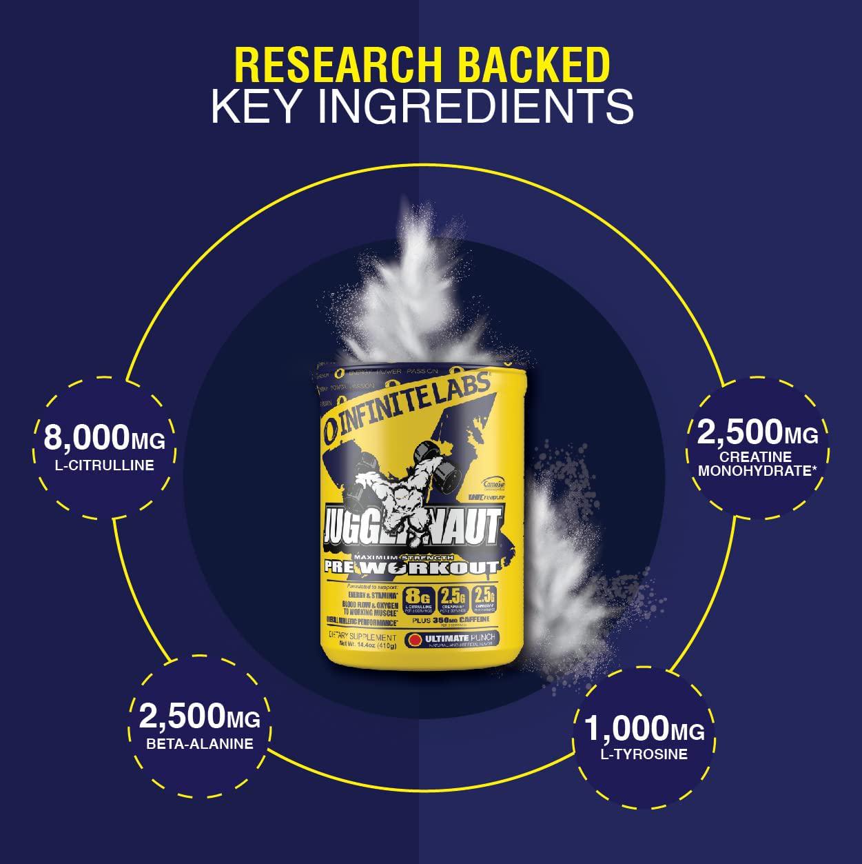 Infinite Labs Juggernaut X Ultimate Punch Pre Workout Supplement with Citrulline, Creatine, Beta Alanine, 14.4 oz, 42 Servings, Pre Work Out Supplements for Women and Men