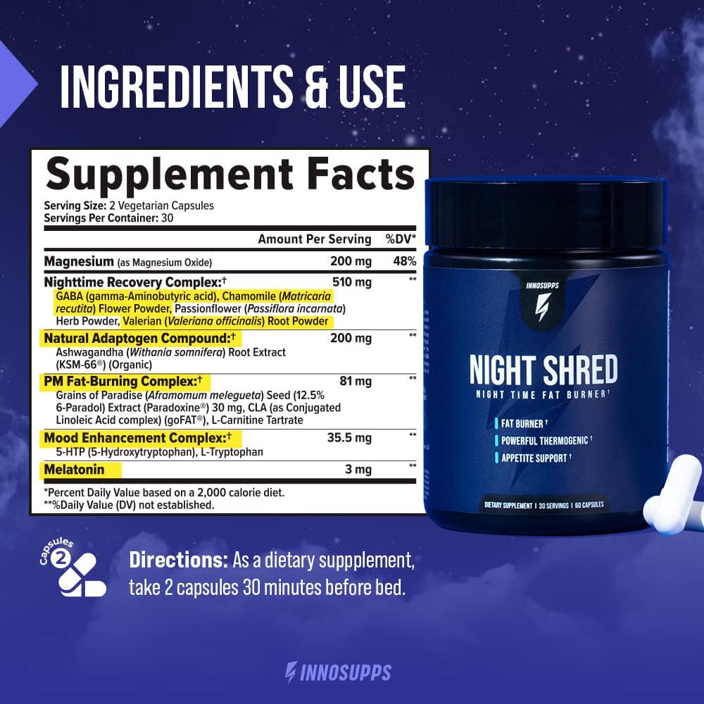 Inno Supps Night Shred - Night Time Fat Burner and Natural Sleep Support - Appetite Suppressant and Weight Loss Support (60 Vegetarian Capsules)