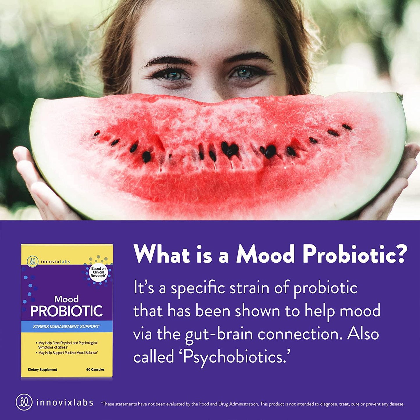 InnovixLabs Mood Probiotic with Lactobacillus helveticus Rosell-52ND and Bifidobacterium longum Rosell-175. First Probiotic Formula Clinically Studied for Mood Health. 60 Capsules.