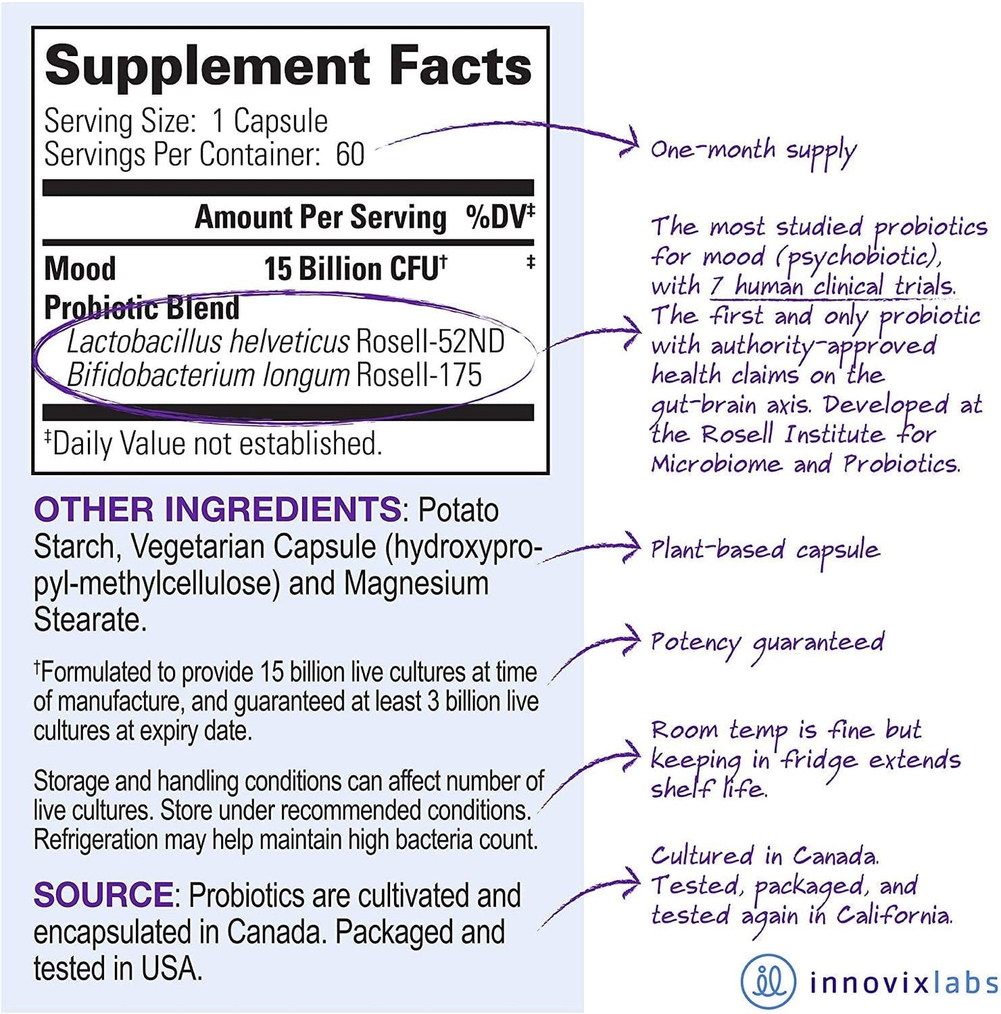 InnovixLabs Mood Probiotic with Lactobacillus helveticus Rosell-52ND and Bifidobacterium longum Rosell-175. First Probiotic Formula Clinically Studied for Mood Health. 60 Capsules.