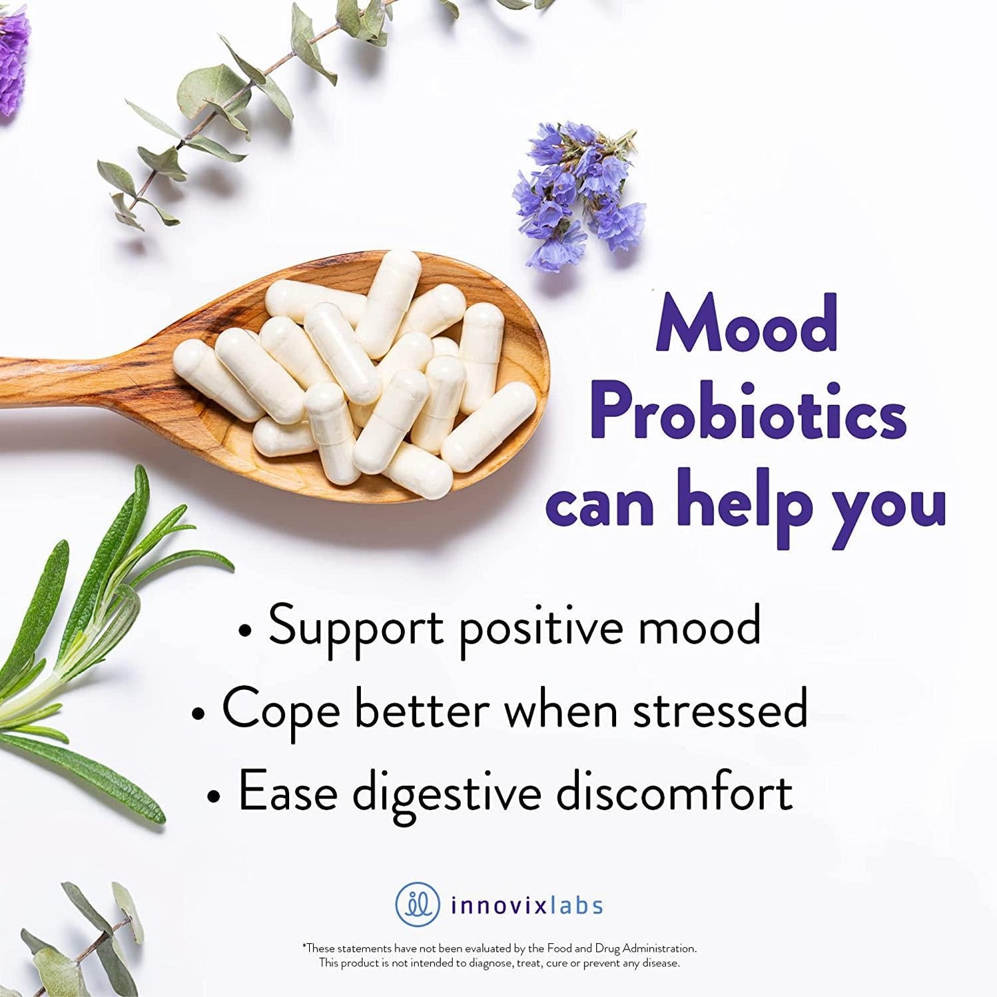 InnovixLabs Mood Probiotic with Lactobacillus helveticus Rosell-52ND and Bifidobacterium longum Rosell-175. First Probiotic Formula Clinically Studied for Mood Health. 60 Capsules.