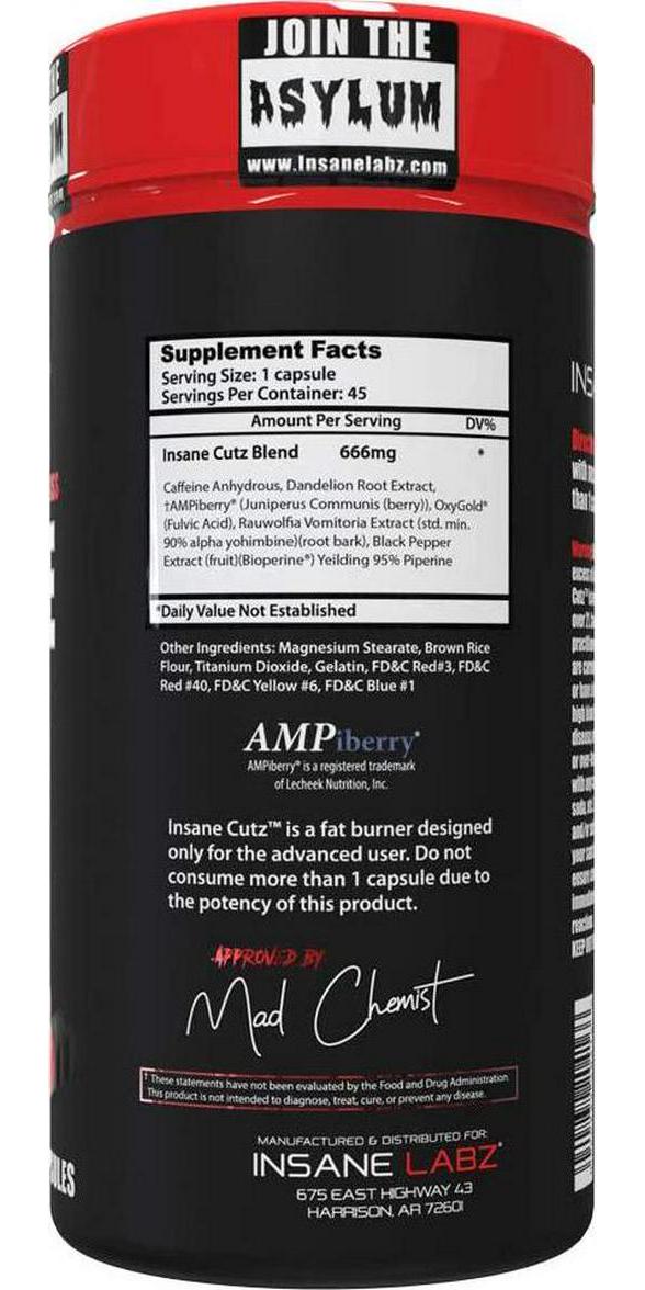 Insane Labz Insane Cutz Intense Fat Burner for Men and Women, Thermogenic Weight Loss Supplement with Dandelion Root Extract Fueled by AMPiberry, Appetite Suppressant - 45 Daily Srvgs (45 Capsules)