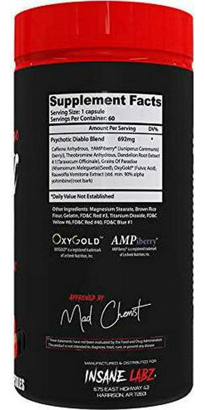 Insane Labz Psychotic Diablo Thermogenic Fat Burner for Men and Women with Grains of Paradise Theobromine Dandelion Root Extract Fueled by AMPiberry, Appetite Suppressant - 60 Servings