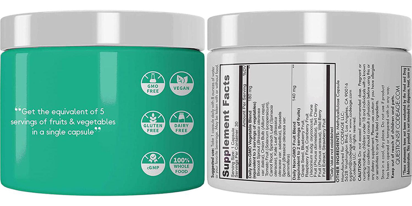 InstantFood Five a Day, 5 Fruits and Veggies Equivalent Servings in 1 Single Capsule, Whole Food Non-GMO, 15 Greens and Fruits All-In-One Pill, Eat Vegetables For Wellness Vegan Vitamins Supplement, 60 ct