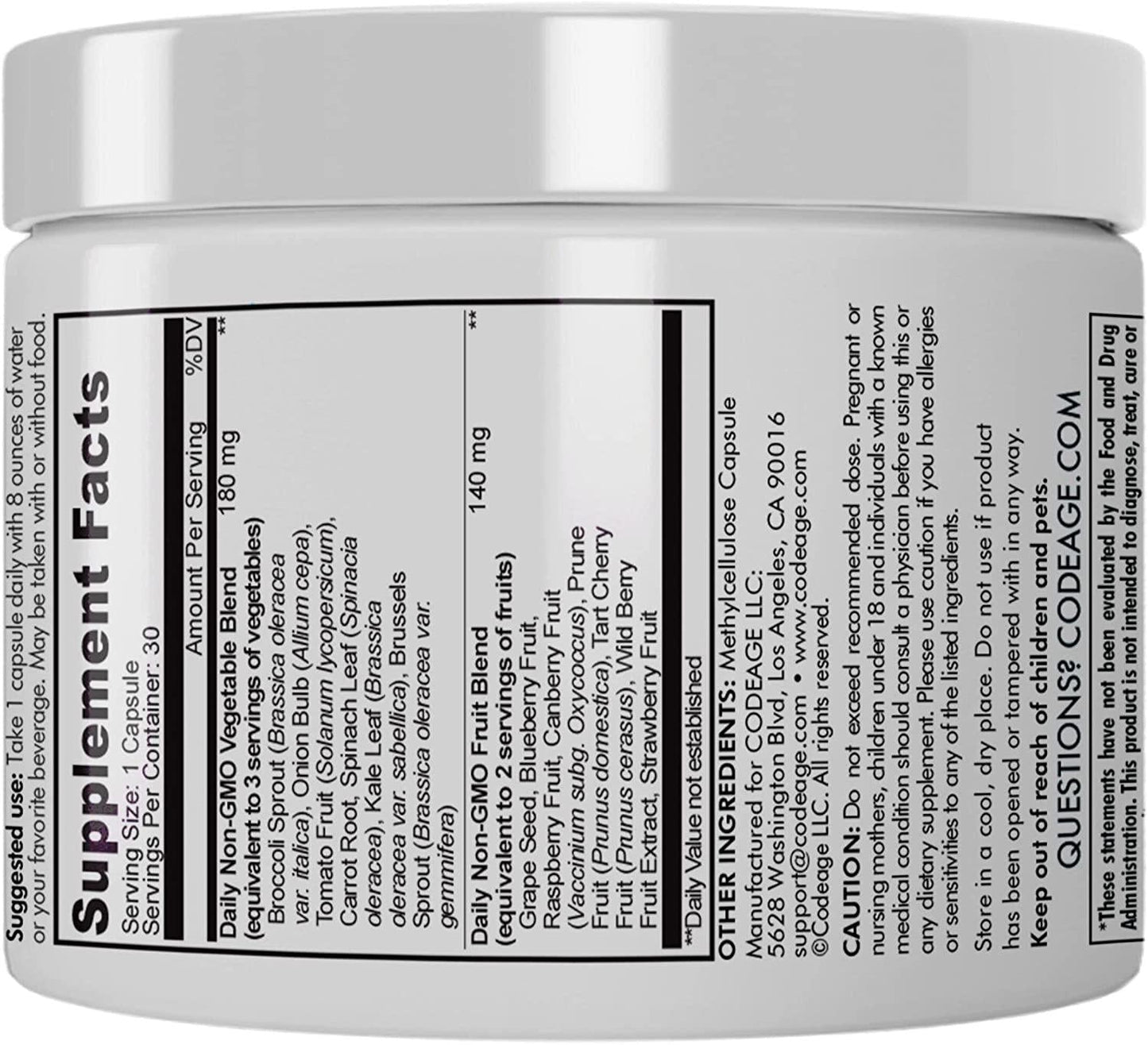 InstantFood Five a Day, 5 Fruits and Veggies Equivalent Servings in 1 Single Capsule, Whole Food Non-GMO, 15 Greens and Fruits All-In-One Pill, Eat Vegetables For Wellness Vegan Vitamins Supplement, 60 ct