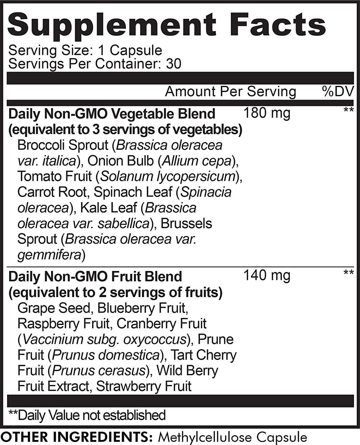 InstantFood Five a Day, 5 Fruits and Veggies Equivalent Servings in 1 Single Capsule, Whole Food Non-GMO, 15 Greens and Fruits All-In-One Pill, Eat Vegetables For Wellness Vegan Vitamins Supplement, 60 ct