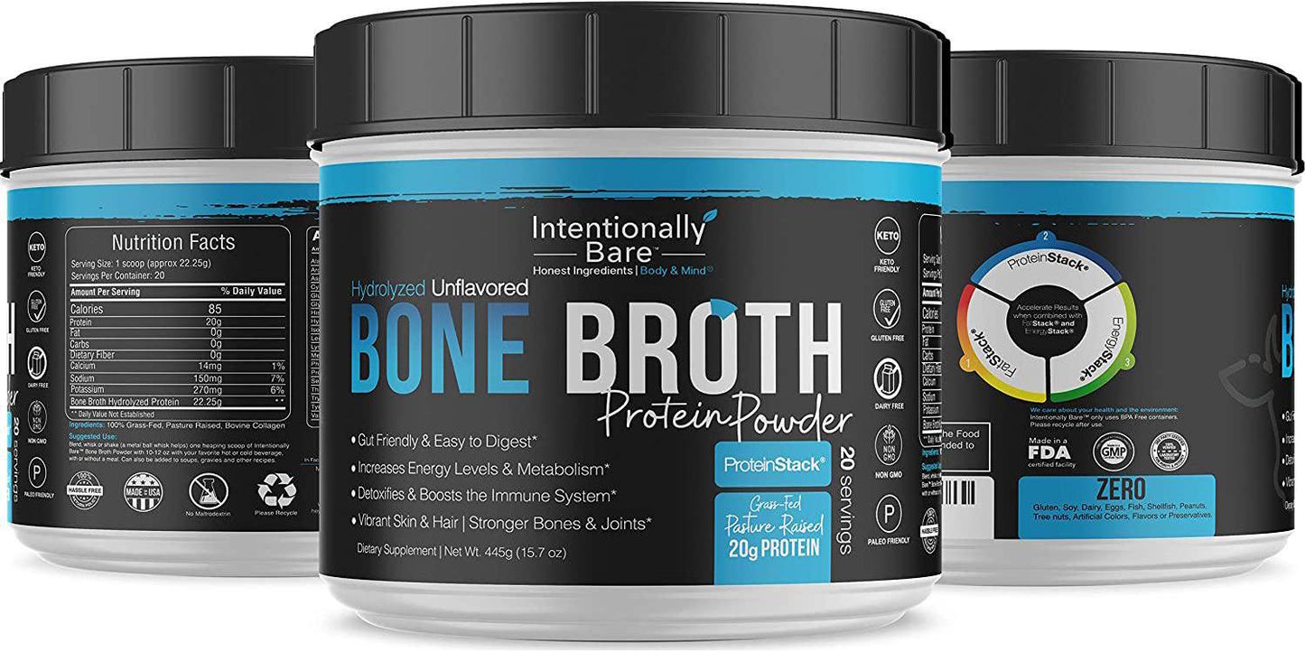 Intentionally Bare Bone Broth Protein Powder 20 Grams Protein - Collagen Types 1, 2 and 3 - Grass-Fed, Pasture Raised Cows - Dairy Free Unflavored - 20 Servings