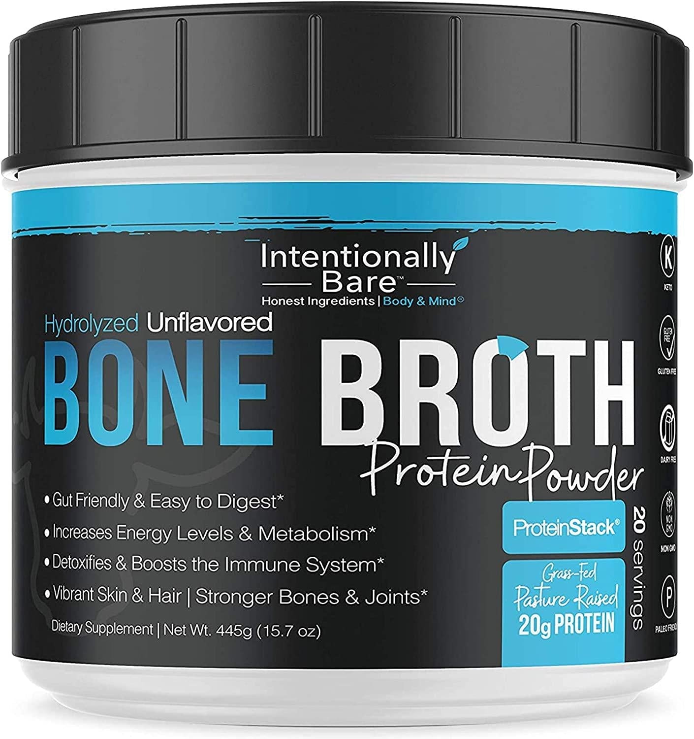 Intentionally Bare Bone Broth Protein Powder 20 Grams Protein - Collagen Types 1, 2 and 3 - Grass-Fed, Pasture Raised Cows - Dairy Free Unflavored - 20 Servings