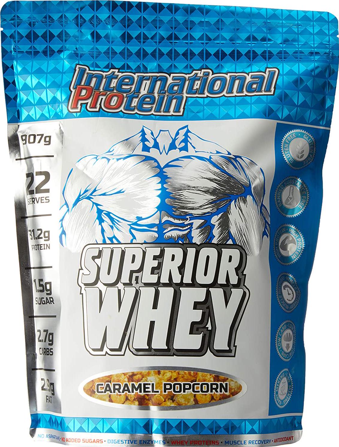 International Protein Superior Whey Protein Powder, Caramel Popcorn 907 g