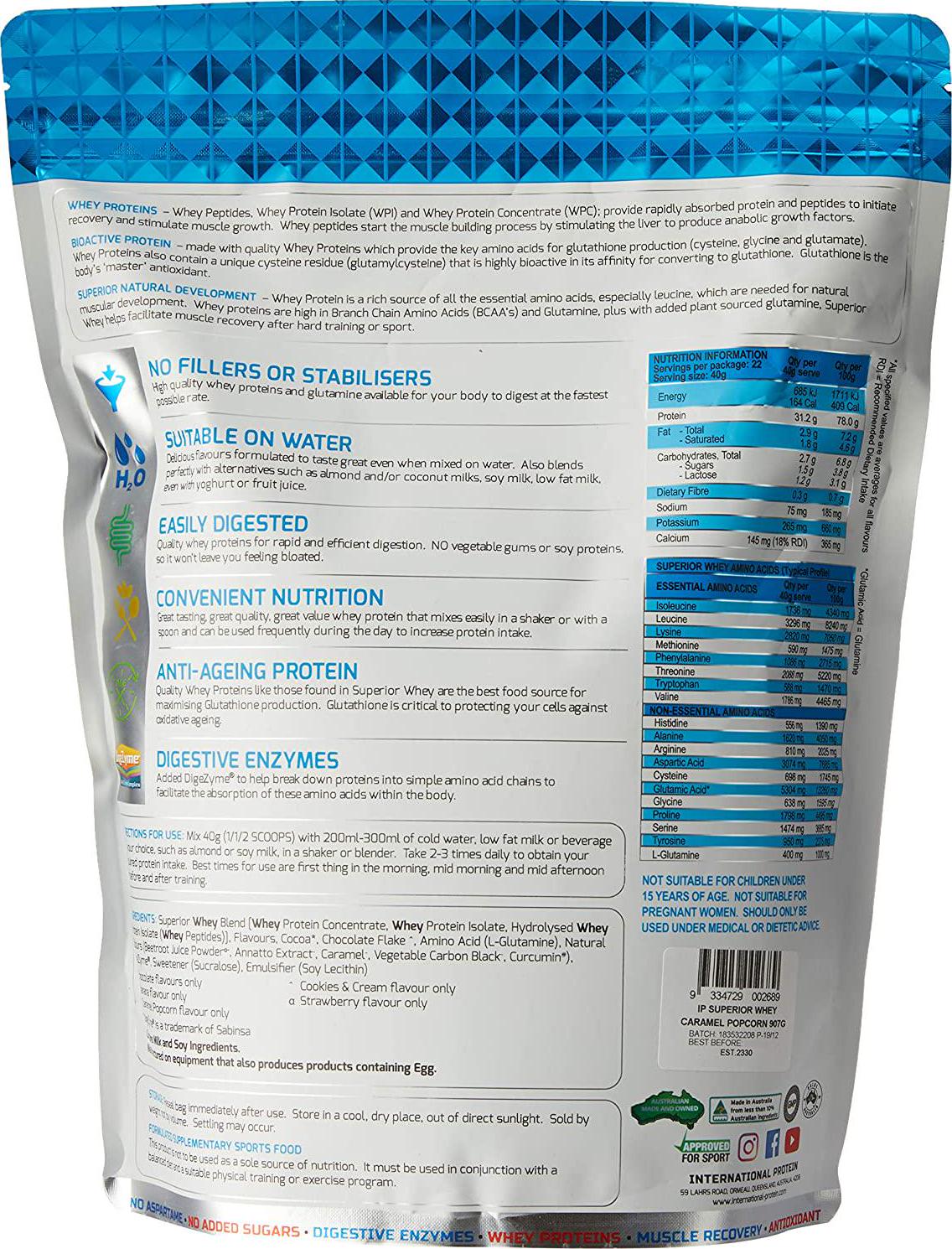 International Protein Superior Whey Protein Powder, Caramel Popcorn 907 g