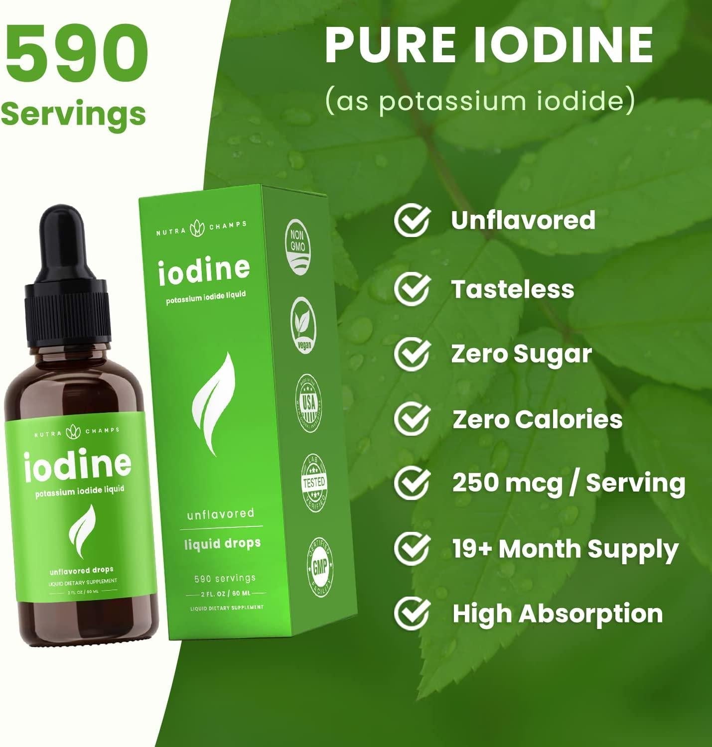 Iodine Drops [Double Size] Vegan Liquid Supplement - Healthy Thyroid, Hormones and Weight - Tasteless Solution, Better Absorption Than Pill, Tablet or Powder - 2oz Tincture 590 Servings