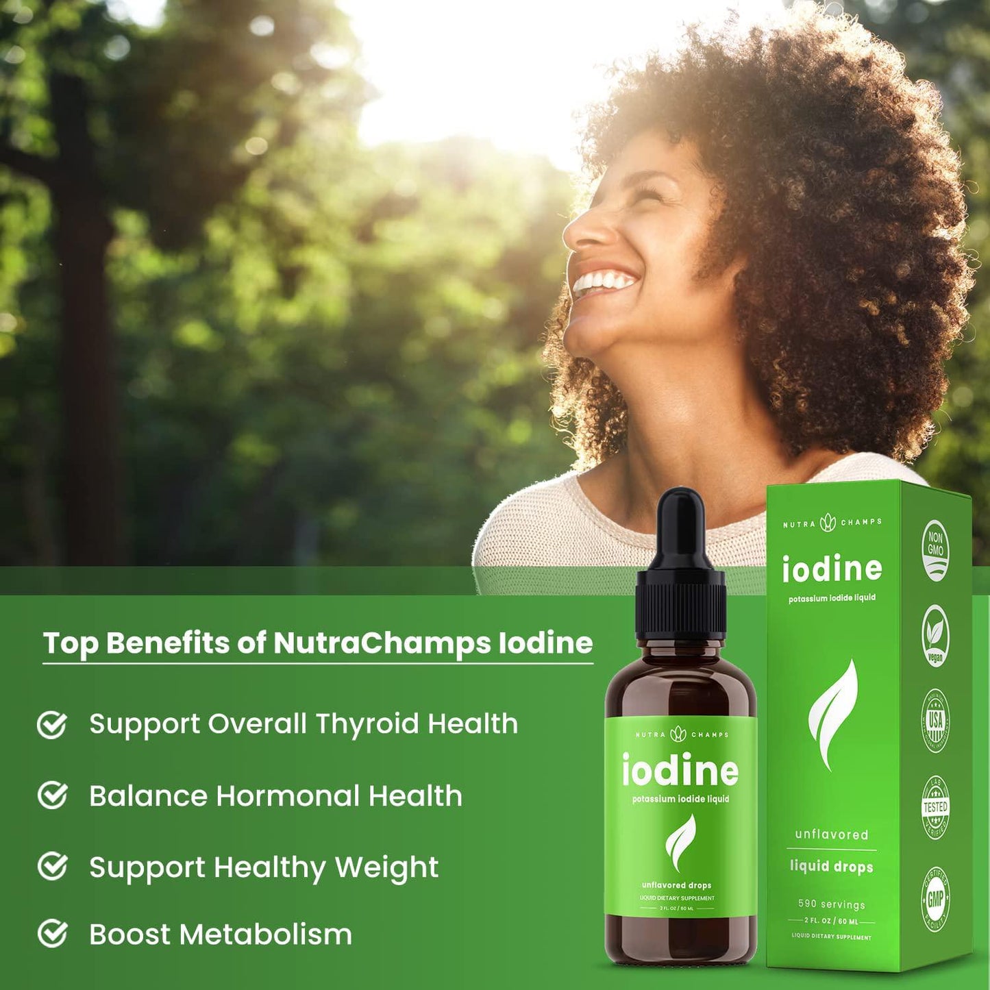 Iodine Drops [Double Size] Vegan Liquid Supplement - Healthy Thyroid, Hormones and Weight - Tasteless Solution, Better Absorption Than Pill, Tablet or Powder - 2oz Tincture 590 Servings