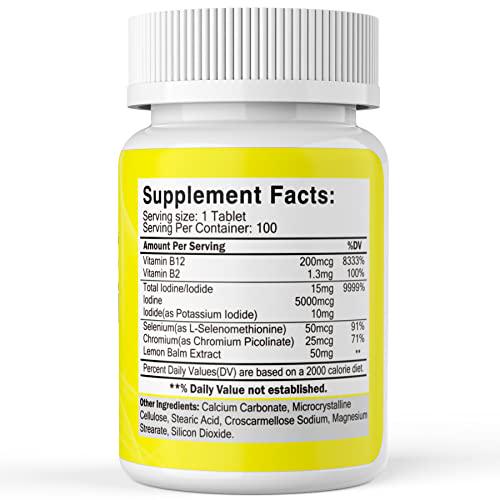 Iodine Tablets 15 mg with Vitamin B2 B12, High Potency Iodine Nutritional Supplement Potassium Iodide Tablets for Energy, Metabolism, and Thyroid Support - 100 Tablets