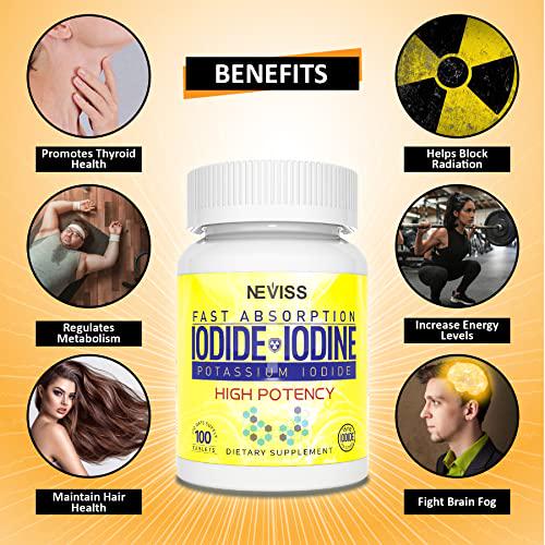 Iodine Tablets 15 mg with Vitamin B2 B12, High Potency Iodine Nutritional Supplement Potassium Iodide Tablets for Energy, Metabolism, and Thyroid Support - 100 Tablets