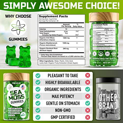 Irish Sea Moss Gummies - Organic Vegan Seamoss Bladderwrack Burdock Root Supplement - Natural Thyroid Support and Immune Booster for Kids and Adults - Based on Sea Moss Gel and Powder for Dr Sebi Diet