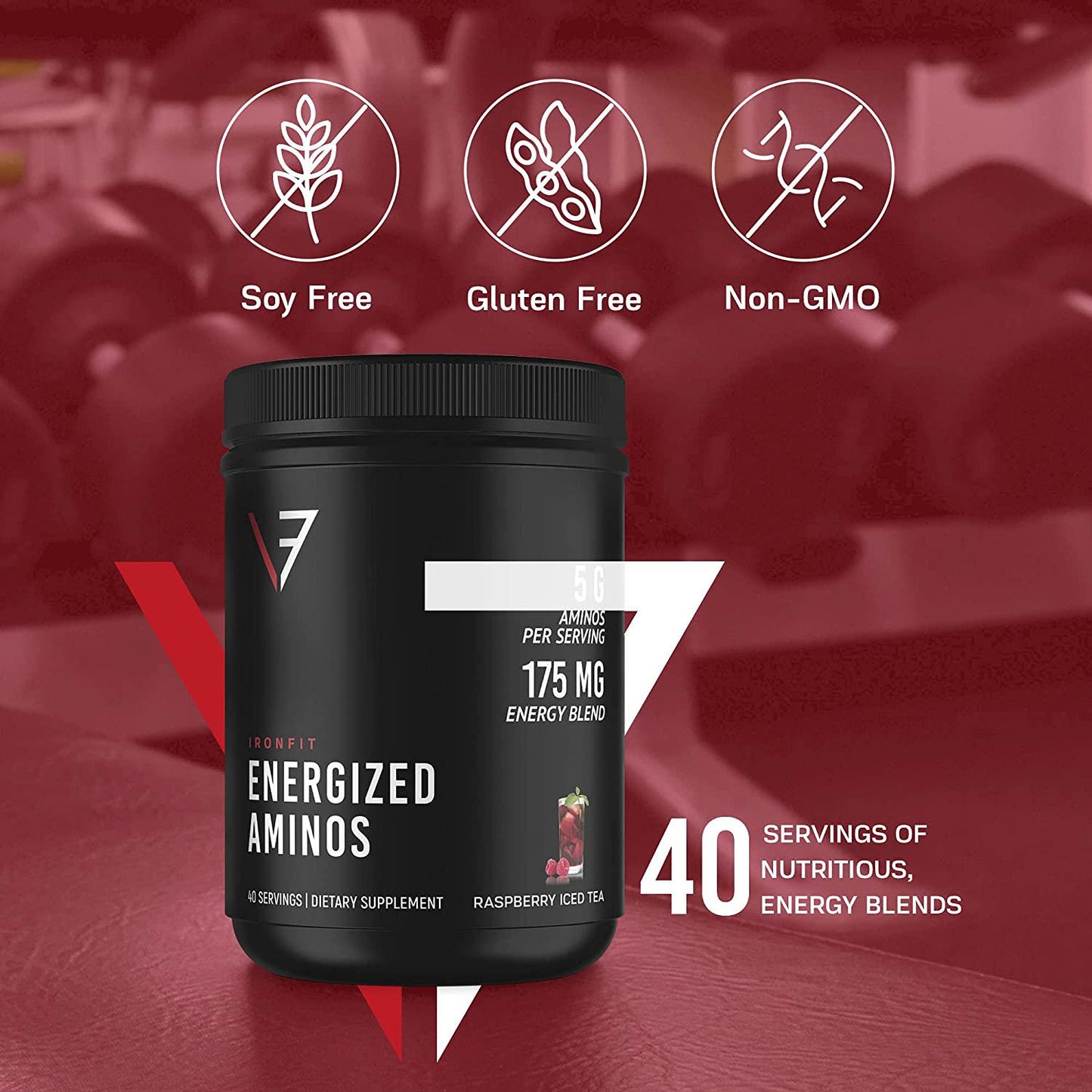 IronFit - Energized Aminos with 9 Essential Amino Acids, Green Tea, and Natural Caffeine Powder, Raspberry Iced Tea Amino Energy Drink Mix, 40 Servings