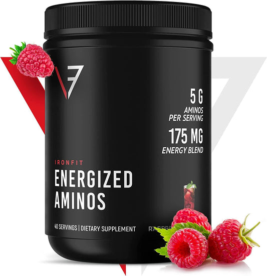 IronFit - Energized Aminos with 9 Essential Amino Acids, Green Tea, and Natural Caffeine Powder, Raspberry Iced Tea Amino Energy Drink Mix, 40 Servings