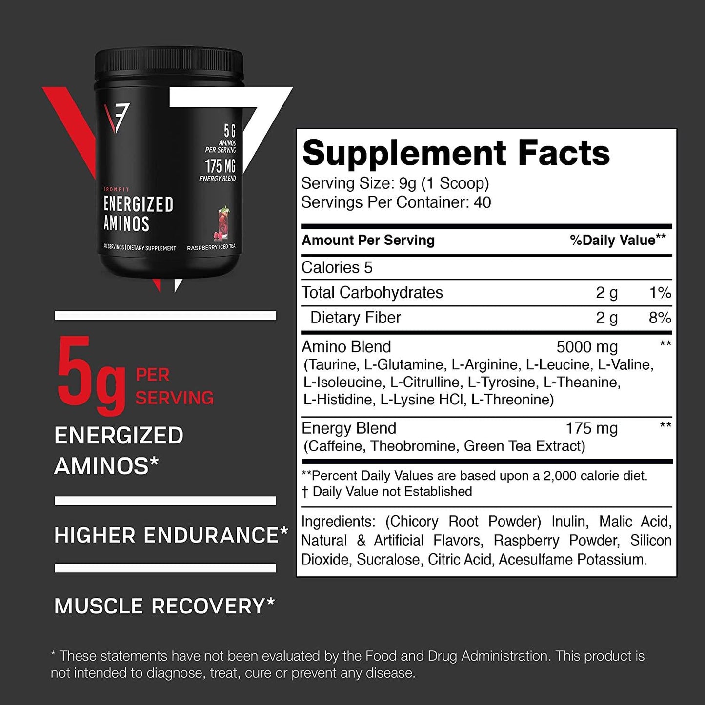 IronFit - Energized Aminos with 9 Essential Amino Acids, Green Tea, and Natural Caffeine Powder, Raspberry Iced Tea Amino Energy Drink Mix, 40 Servings