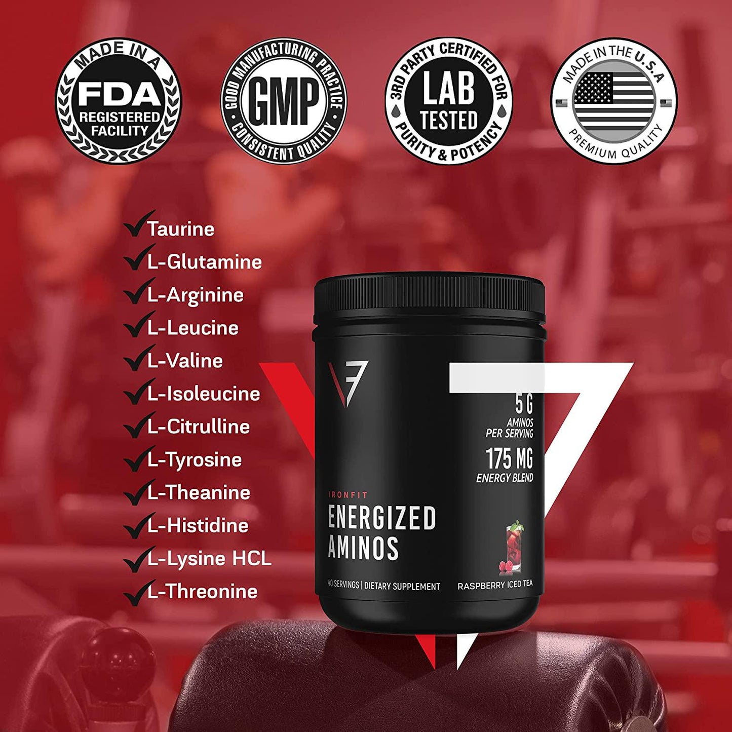 IronFit - Energized Aminos with 9 Essential Amino Acids, Green Tea, and Natural Caffeine Powder, Raspberry Iced Tea Amino Energy Drink Mix, 40 Servings