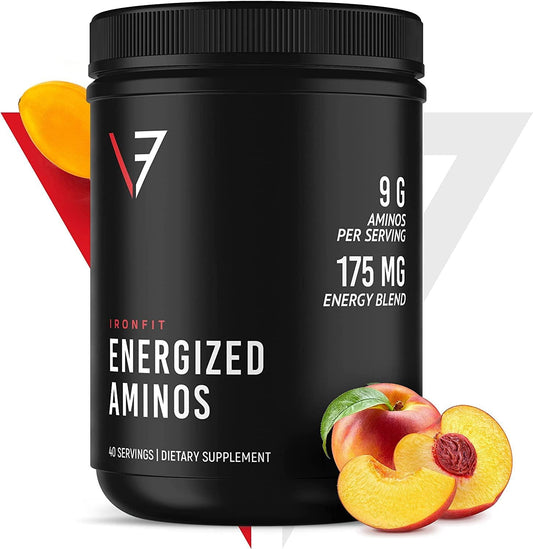 IronFit - Energized Aminos with 9 Essential Amino Acids, Green Tea, and Natural Caffeine Powder, Peach Mango Amino Energy Drink Mix, 40 Servings