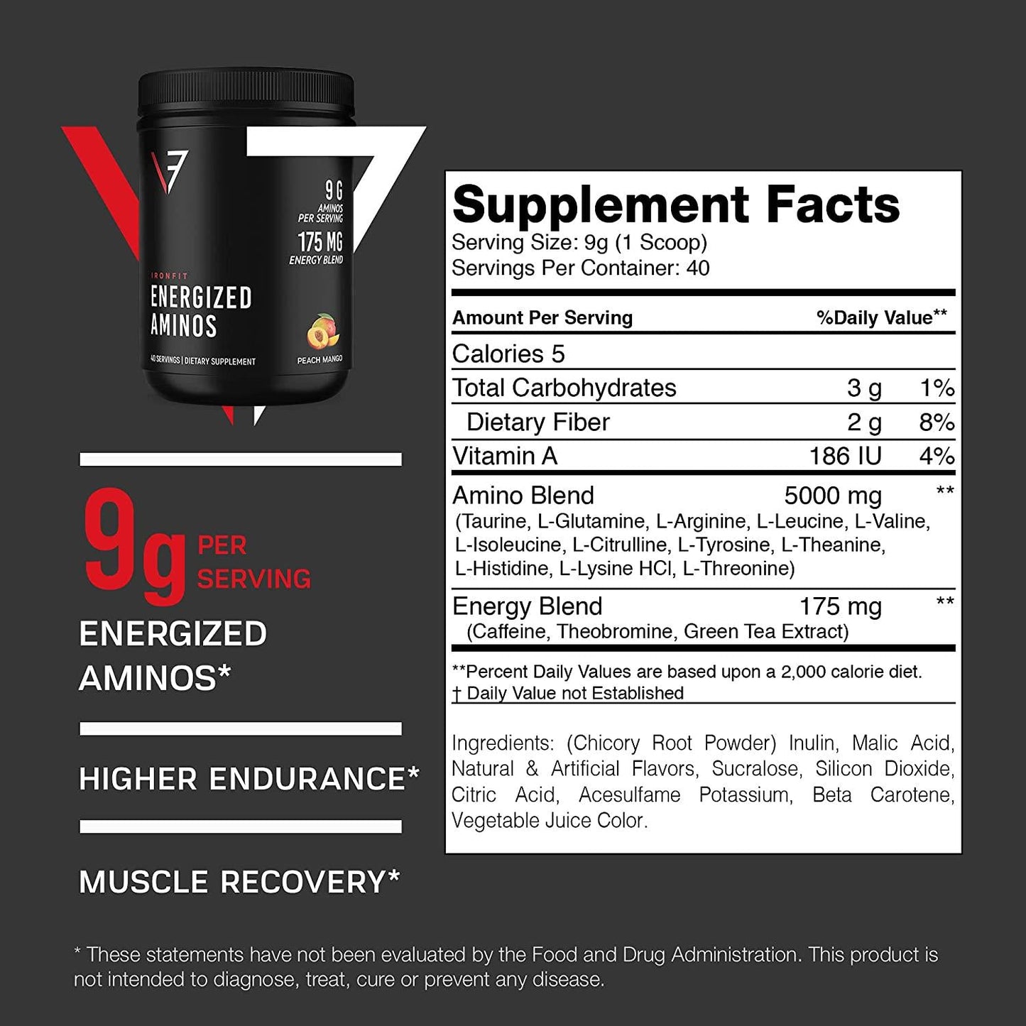 IronFit - Energized Aminos with 9 Essential Amino Acids, Green Tea, and Natural Caffeine Powder, Peach Mango Amino Energy Drink Mix, 40 Servings