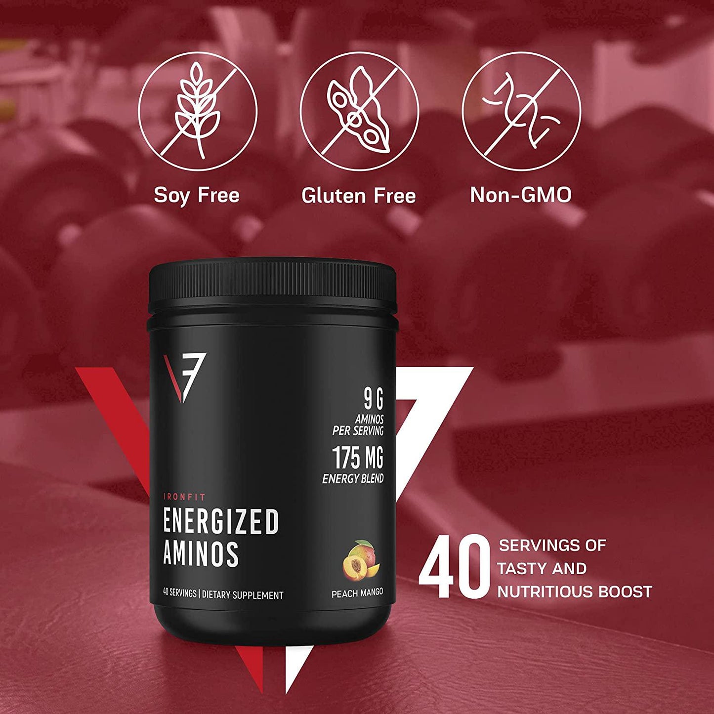 IronFit - Energized Aminos with 9 Essential Amino Acids, Green Tea, and Natural Caffeine Powder, Peach Mango Amino Energy Drink Mix, 40 Servings