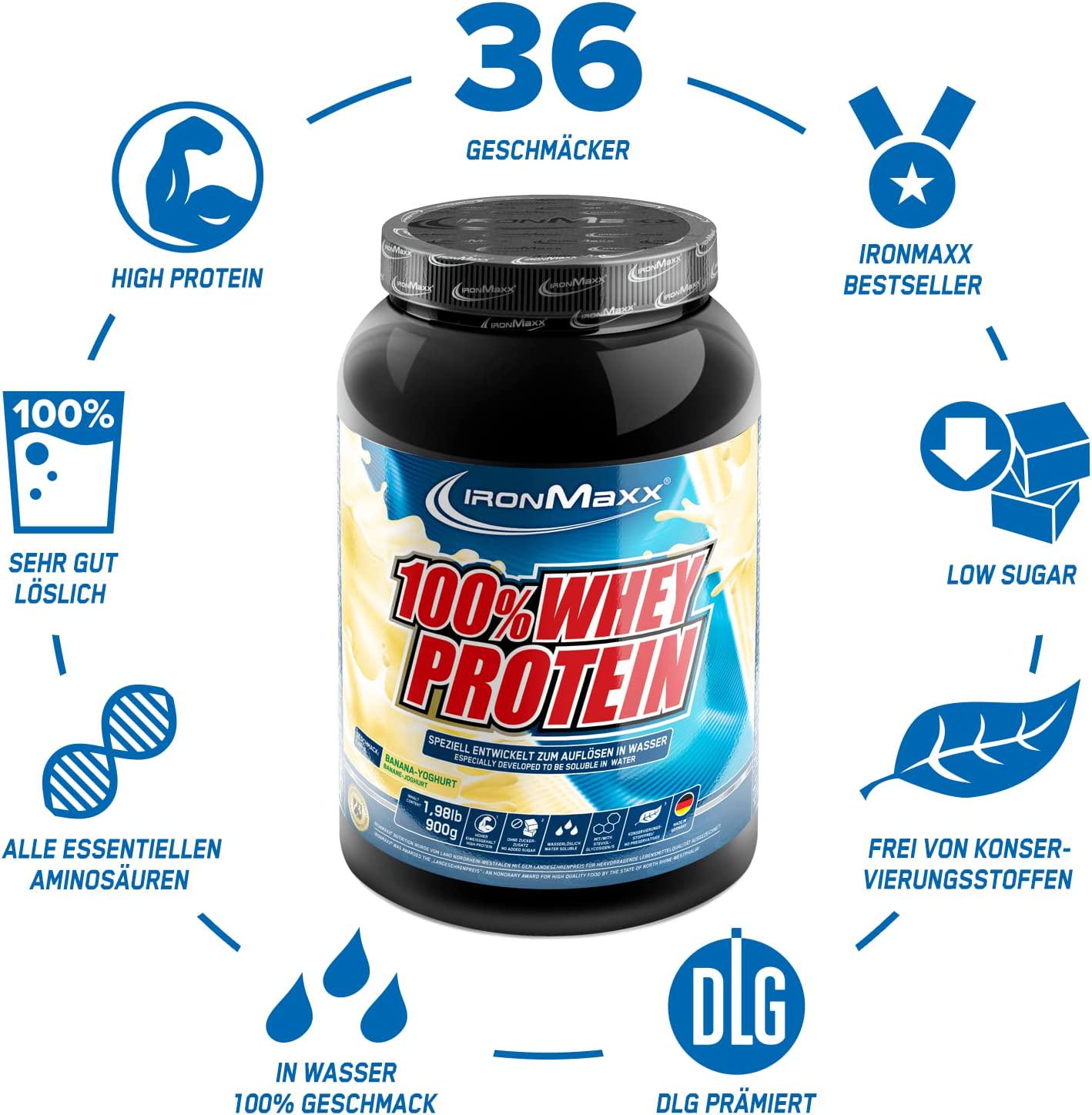 IronMaxx 100% Whey Protein Powder, Banana Yoghurt Flavour, 1 x 900 g